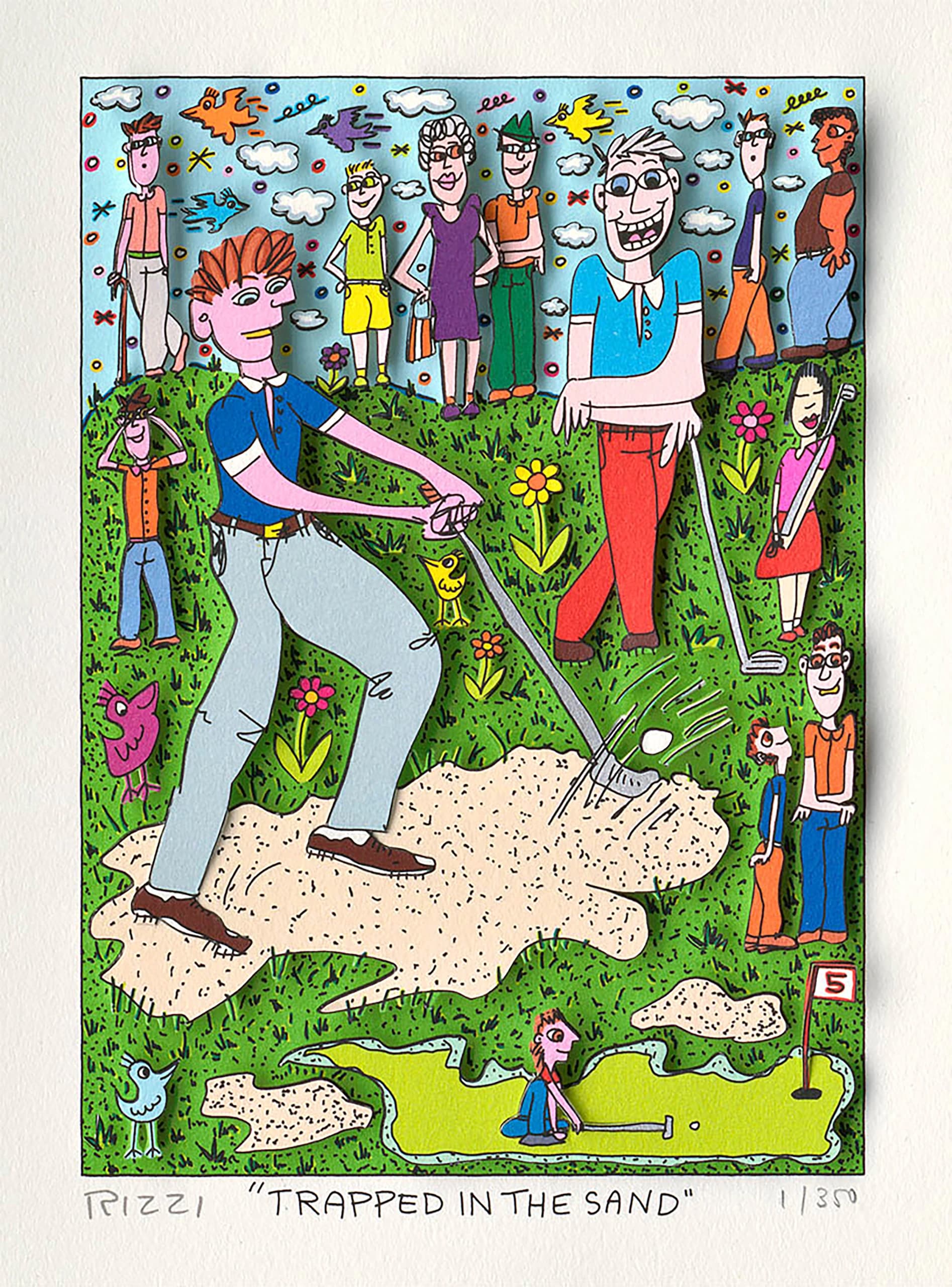 Cartoon mit Golfern auf einem grünen Platz, großen Sandflächen, Himmel mit Wolken und bunten Figuren im Hintergrund.
