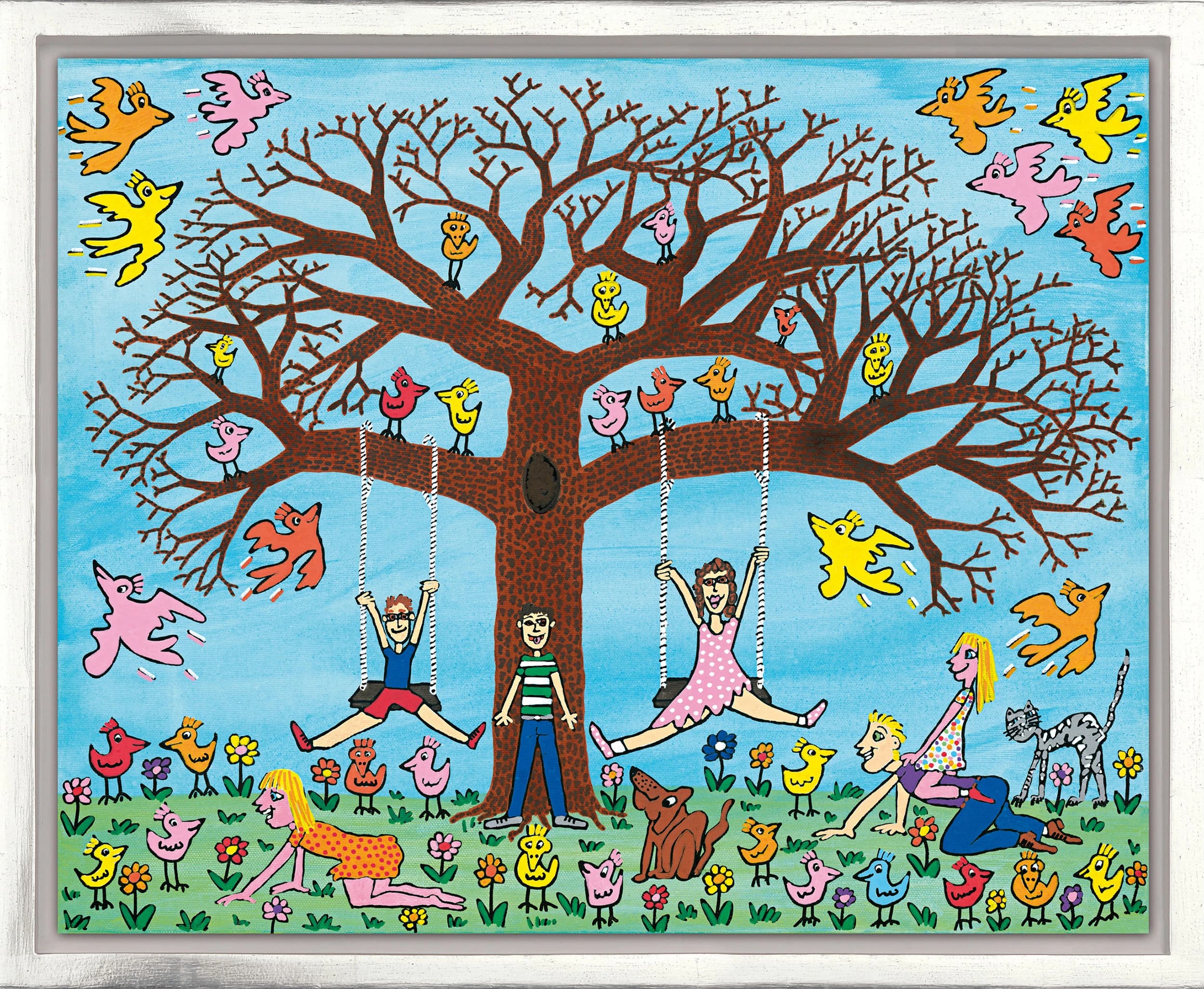 Buntes Bild mit Baum, vielen Vögeln, Kindern auf Schaukeln und im Gras, im grauen Rahmen.