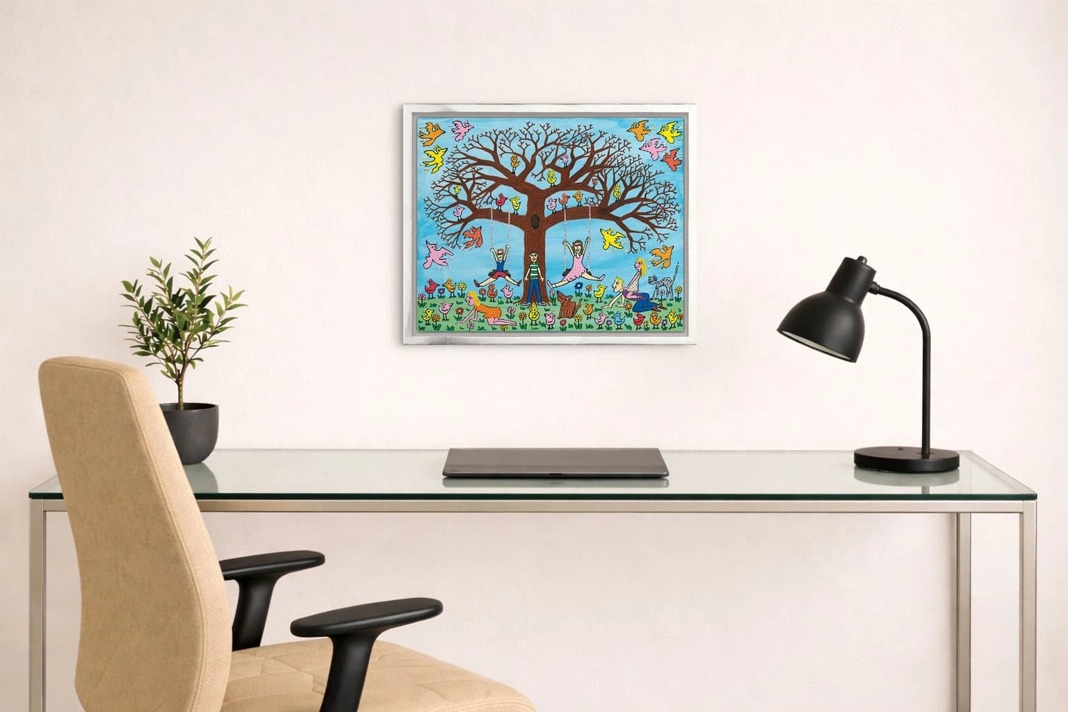Buntes Bild mit Baum, Vögeln und Kindern auf Schaukeln und im Gras, als Kunstwerk an der Wand eines Büros.