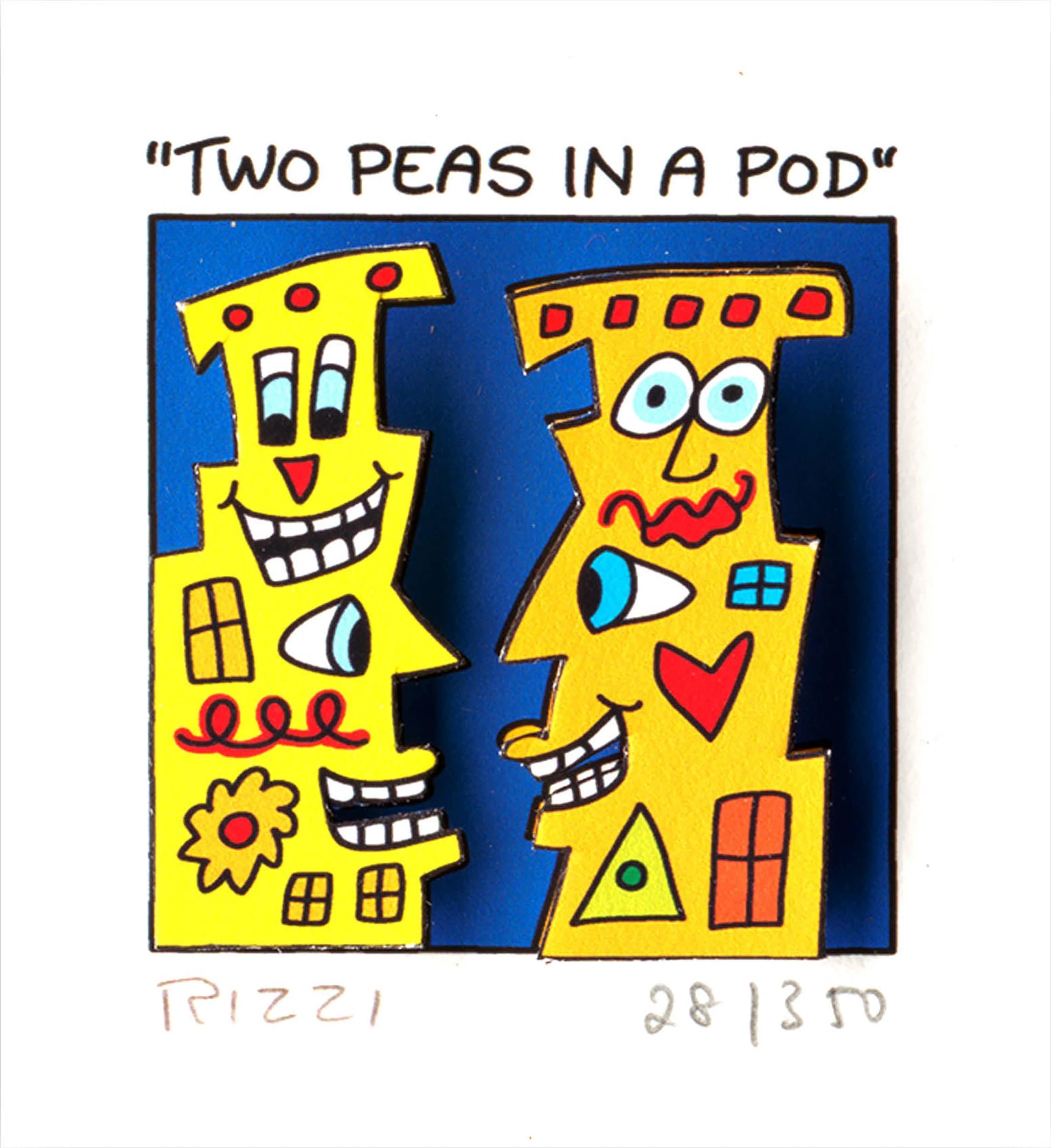 Zwei gelbe Figuren mit Gesichtern vor blauem Hintergrund, darüber steht Two Peas in a Pod.