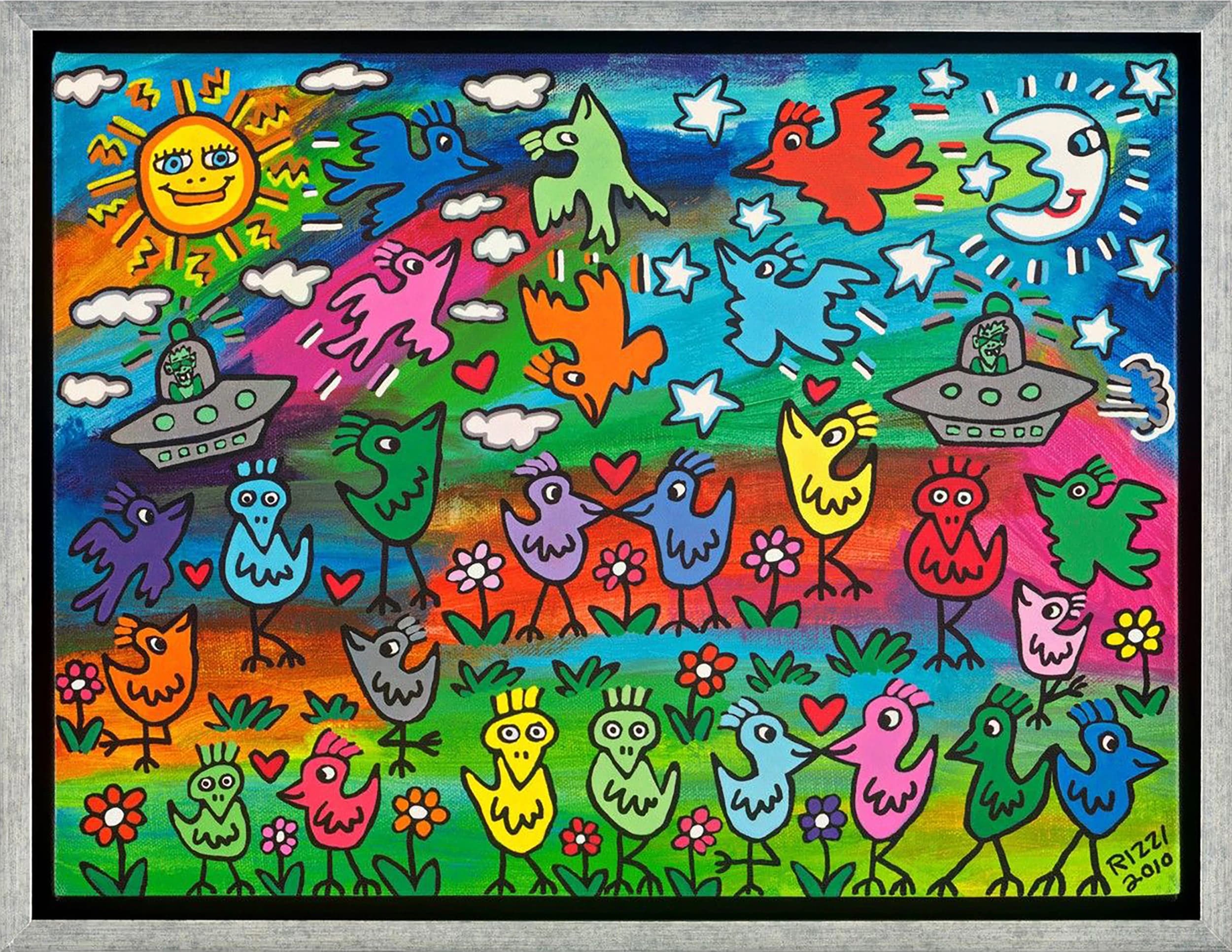 Bunte Vogel- und Himmelsfiguren vor Regenbogenhimmel, Sonne, Mond, Sternen, Wolken und zwei Ufos im Rahmen.