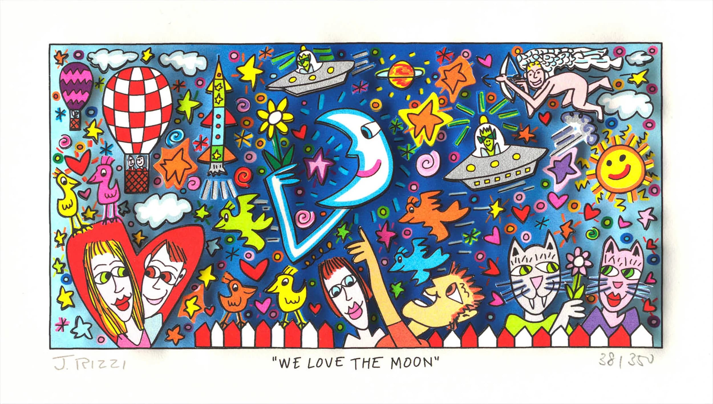 Bunte Comic-Zeichnung mit Mond, Sonne, Sternen, Figuren und Flugobjekten auf blauem Hintergrund.