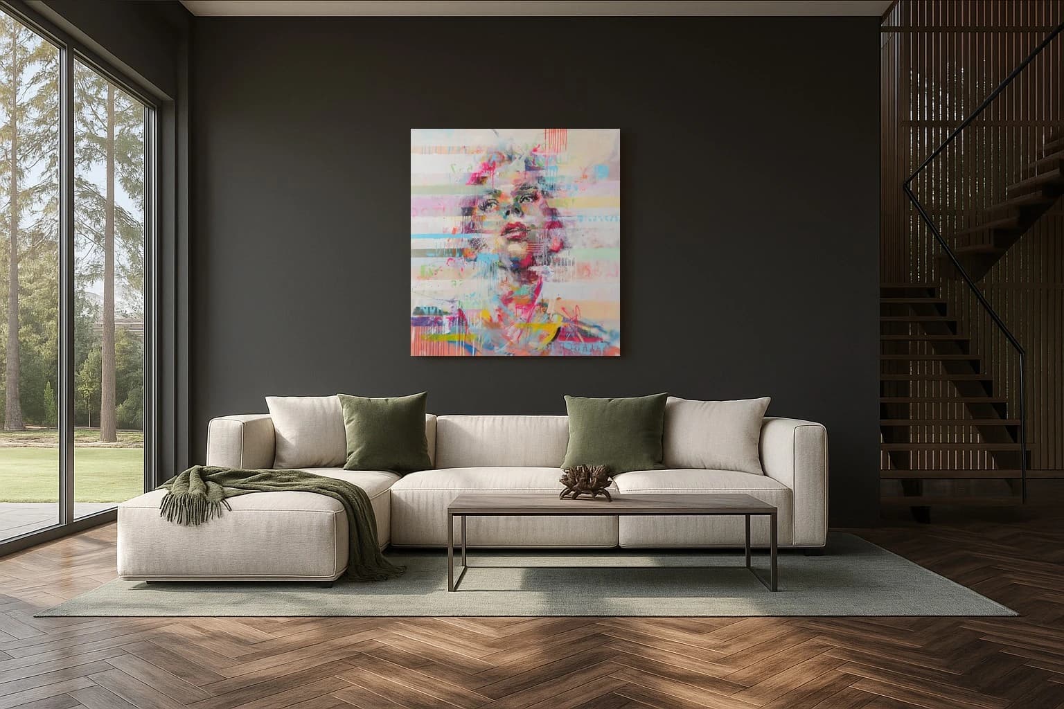 Porträt einer Frau in Rosa, Blau und Gelb auf hellem Hintergrund, als Kunstwerk an der Wand eines Wohnzimmers.