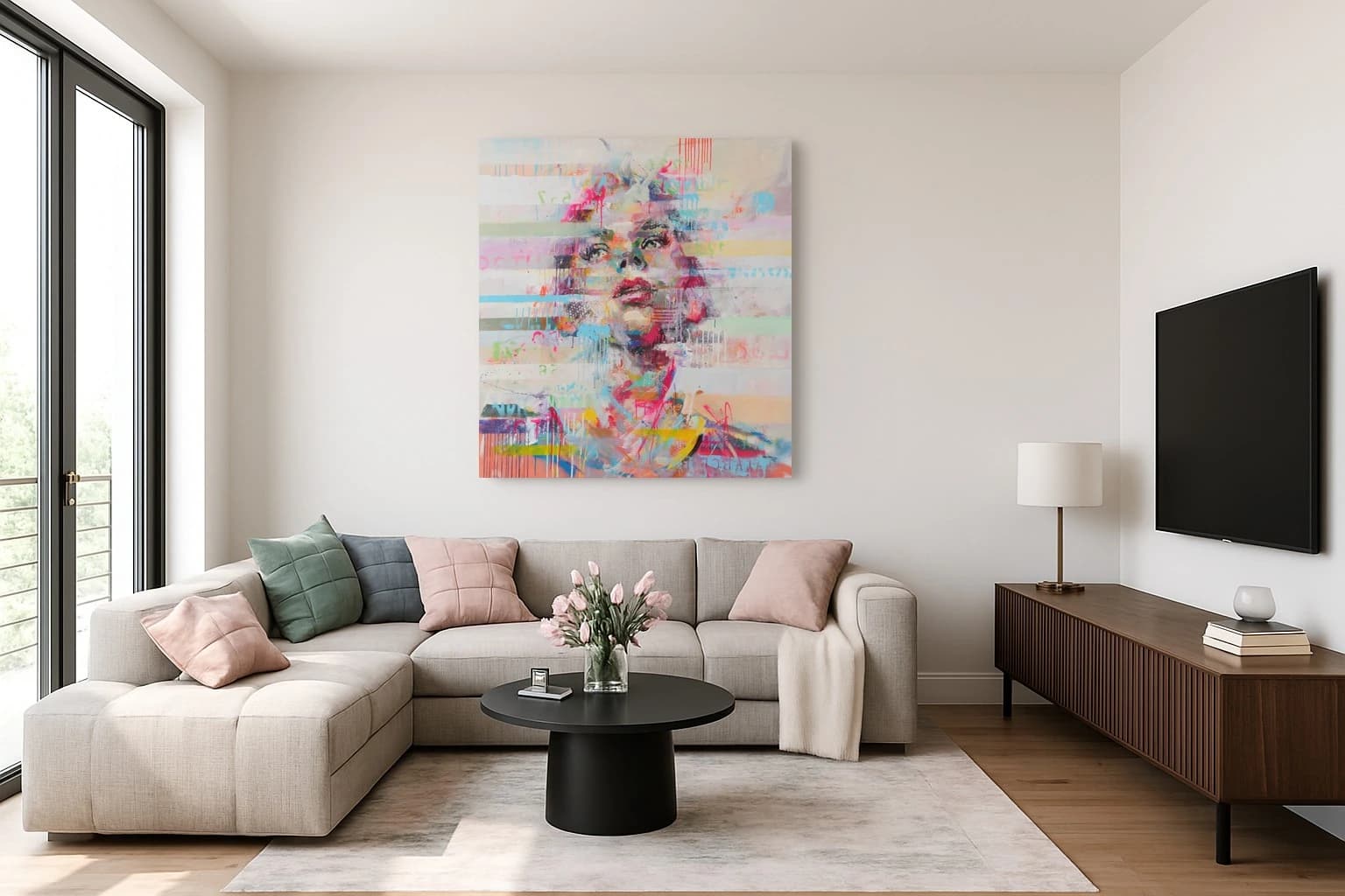 Porträt einer Frau in Rosa, Blau und Gelb auf hellem Hintergrund, als Kunstwerk an der Wand eines hellen Wohnzimmers.