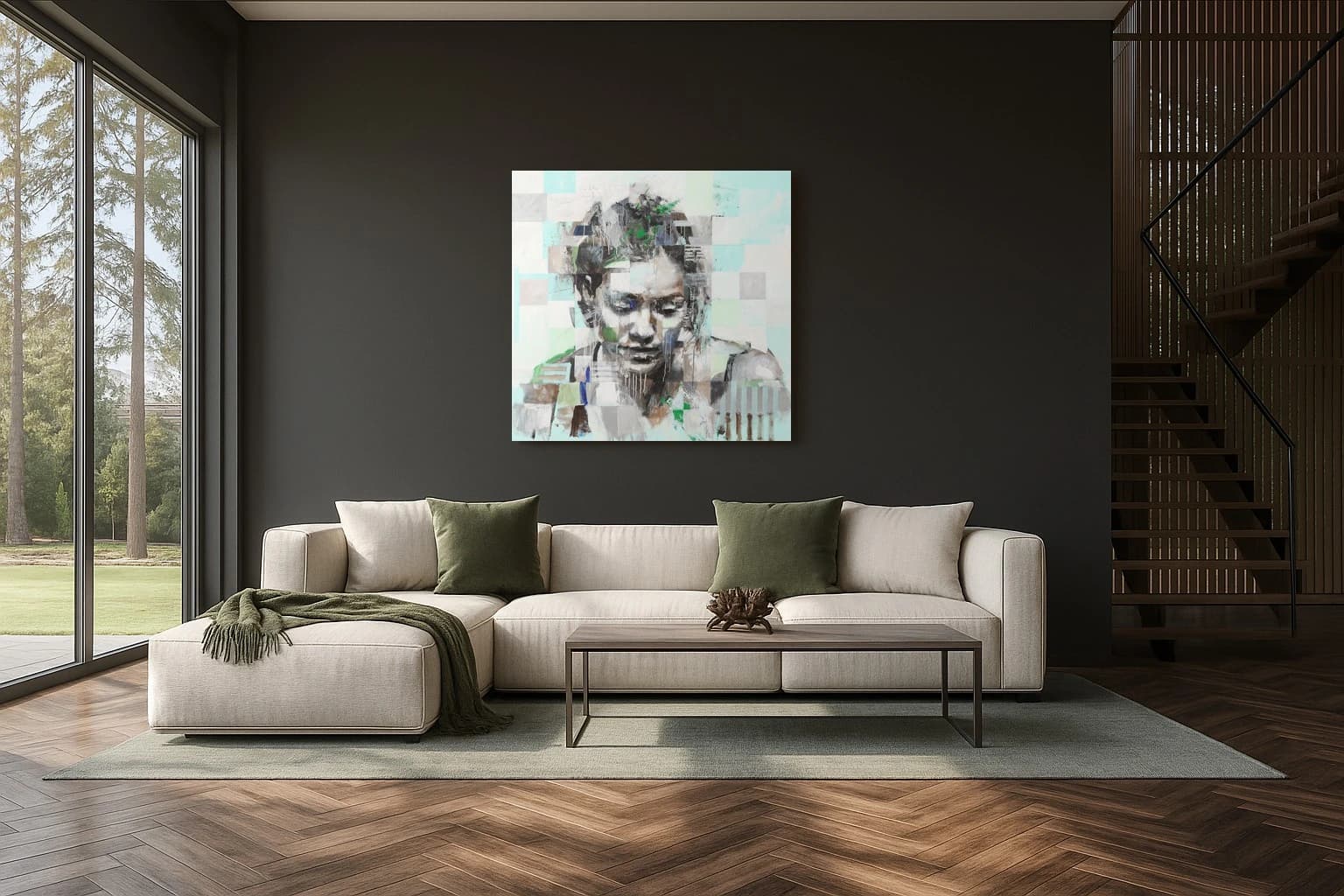 Porträt einer Frau mit gesenktem Blick vor grau-grünem Hintergrund, als Kunstwerk an der Wand eines hellen Wohnzimmers.