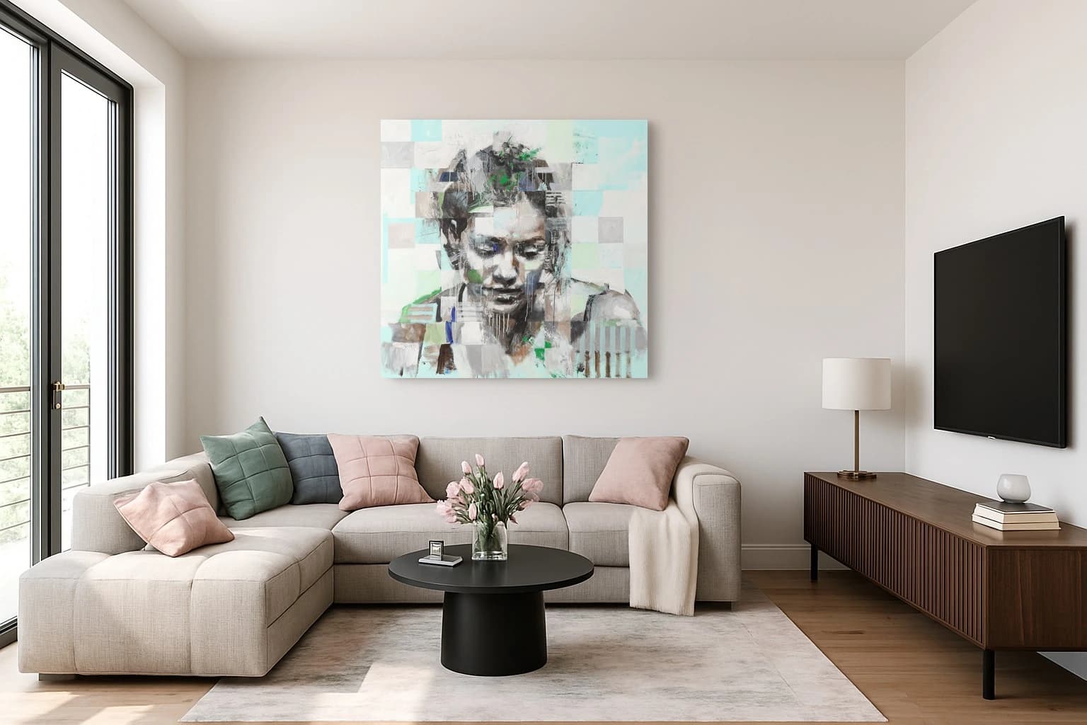 Porträt einer Frau mit gesenktem Blick vor grau-grünem Hintergrund, als Kunstwerk an der Wand eines hellen Wohnzimmers.