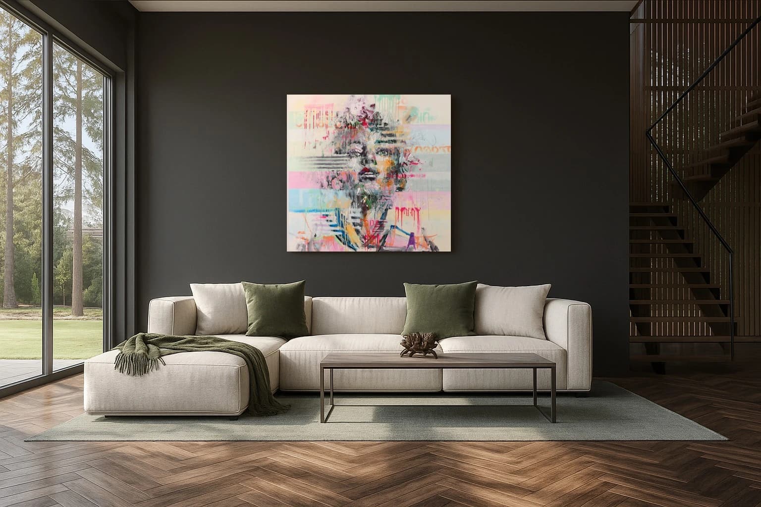 Abstraktes Porträt mit Farbspritzern und Streifen in Rosa, Blau und Gelb, als Kunstwerk an der Wand eines Wohnzimmers.