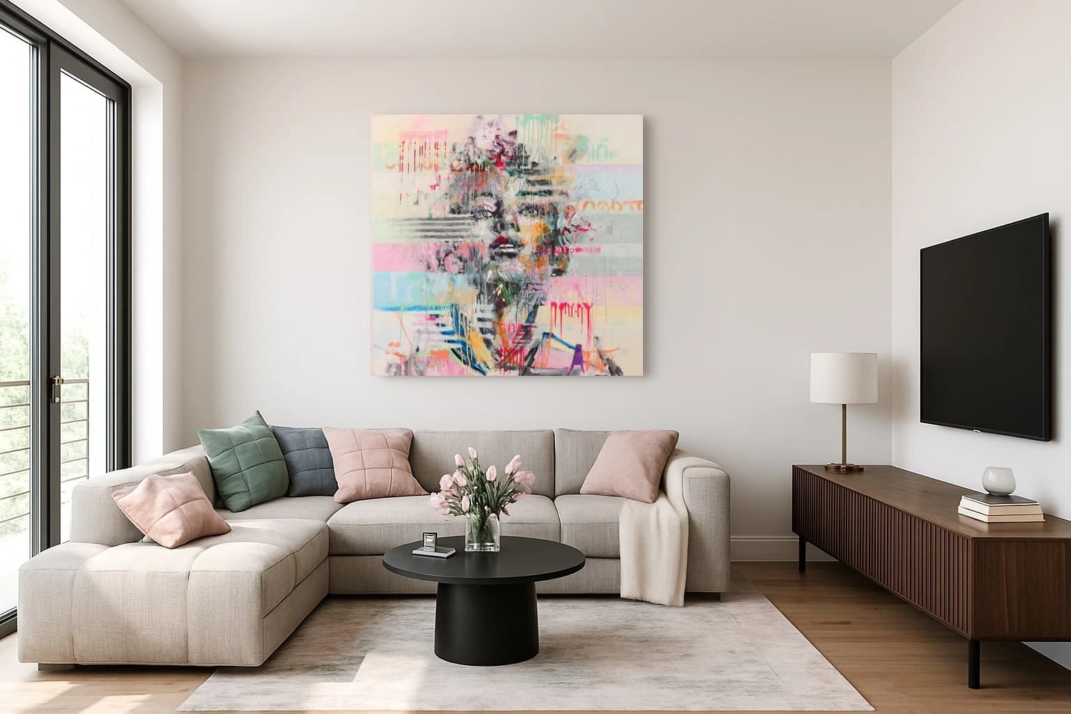 Abstraktes Porträt mit Farbspritzern in Rosa, Blau und Gelb, als Kunstwerk an der Wand eines hellen Wohnzimmers.