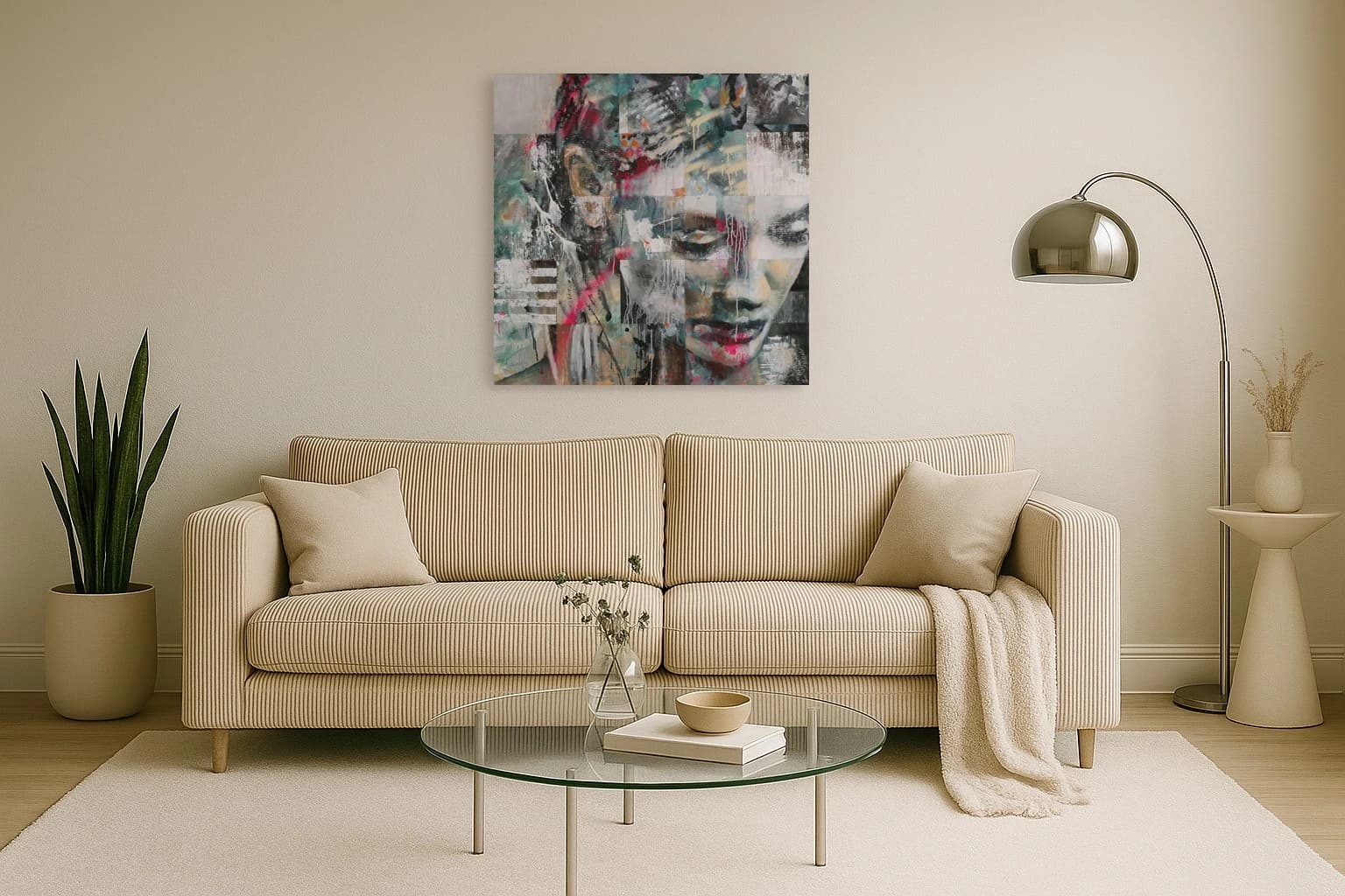 Abstrakte Frauengesichter in Grau, Schwarz und Rosa mit Spritzern, als Kunstwerk an der Wand eines hellen Wohnzimmers.