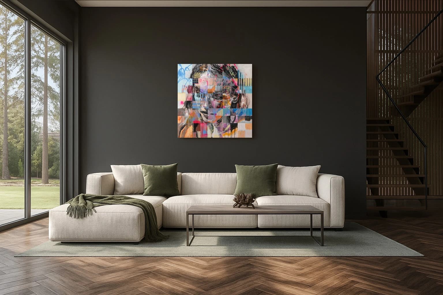 Abstraktes Porträt eines Gesichts mit Rosa, Blau, Weiß und schwarzen Linien, als Kunstwerk an der Wand eines hellen Wohnzimmers.