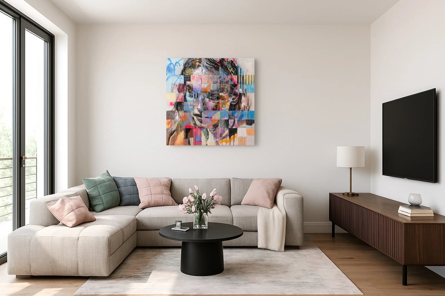 Abstraktes Porträt eines Gesichts mit Rosa, Blau, Weiß und schwarzen Strichen, als Kunstwerk an der Wand eines hellen Wohnzimmers.
