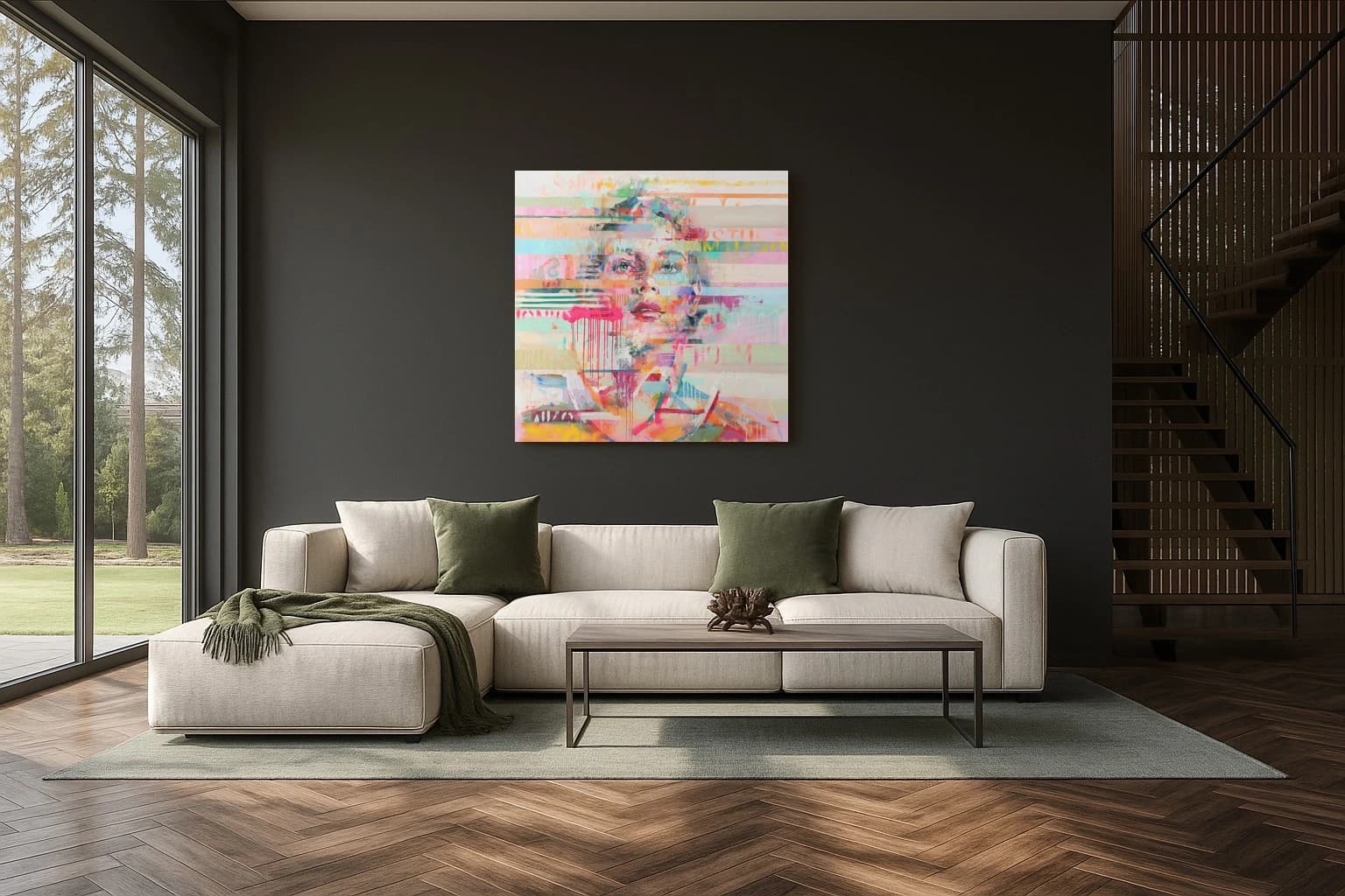 Porträt eines Gesichts mit bunten Farbschichten, Streifen und pinken Tropfen, als Kunstwerk an der Wand eines Wohnzimmers.
