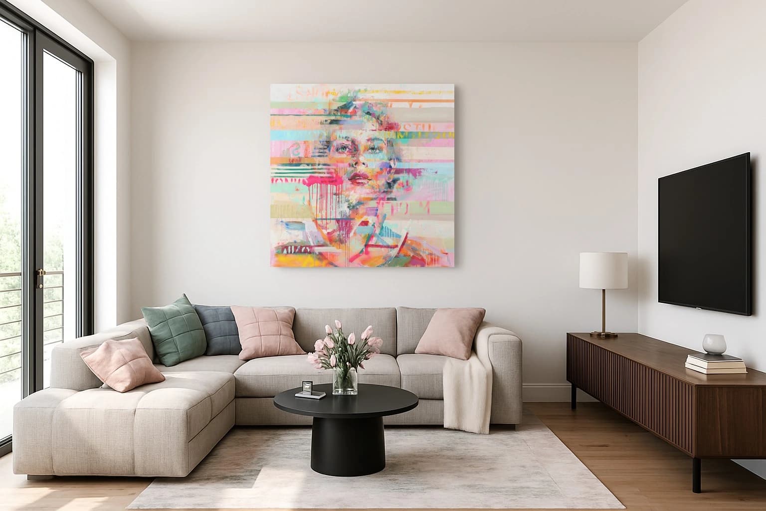 Porträt eines Gesichts mit bunten Farbschichten und pinken Tropfen, als Kunstwerk an der Wand eines hellen Wohnzimmers.