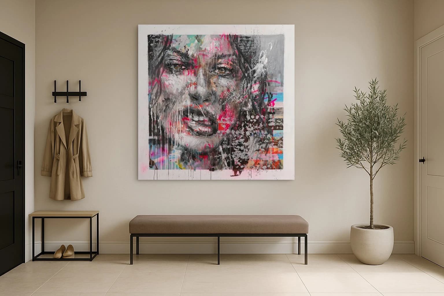 Gemaltes Frauengesicht in Grau mit pinken und schwarzen Spritzern auf hellem Hintergrund, als Kunstwerk an der Wand eines hellen Raums.