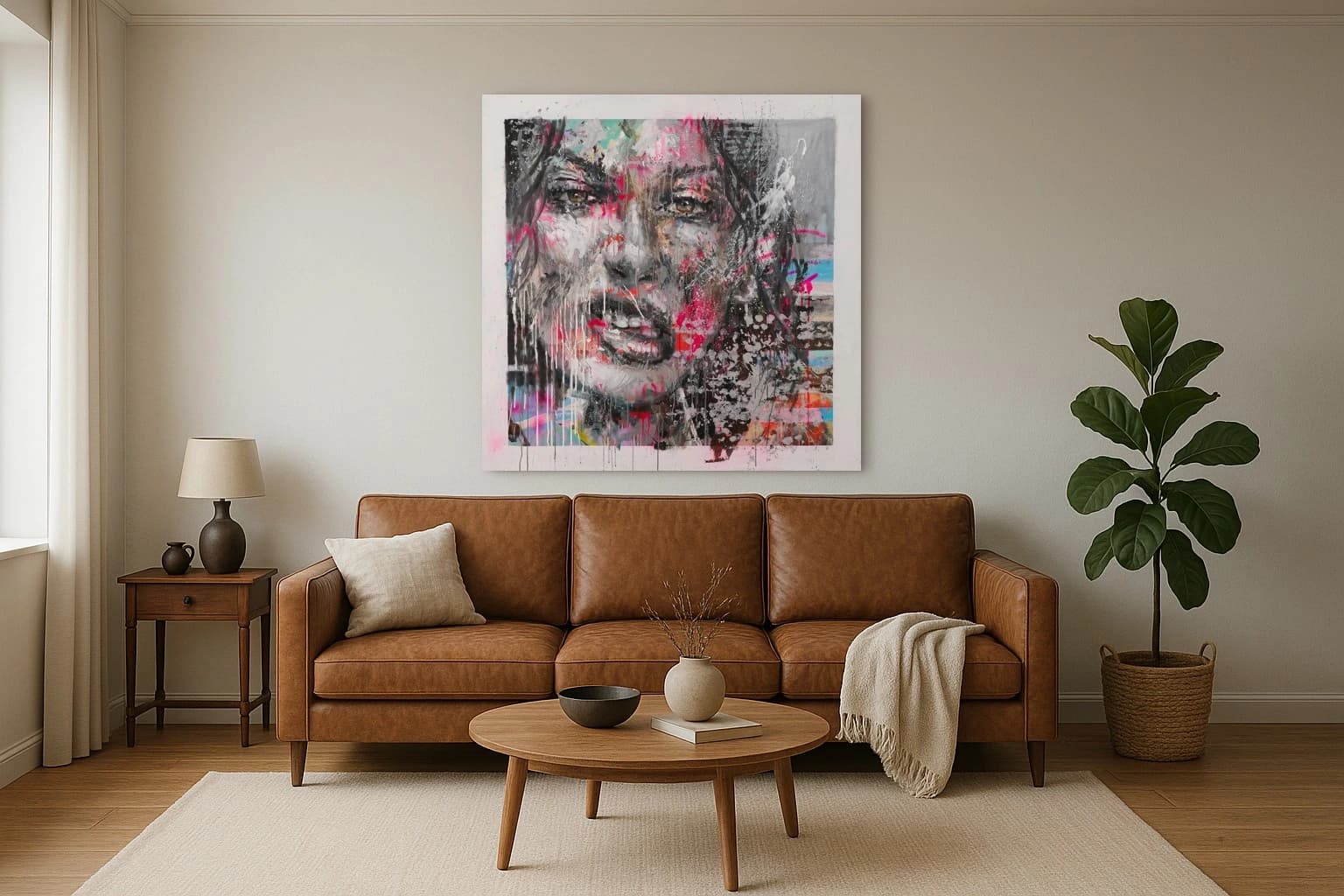 Gemaltes Frauengesicht in Grau mit pinken und schwarzen Farbspritzern auf hellem Hintergrund, als Kunstwerk an der Wand eines Wohnzimmers.