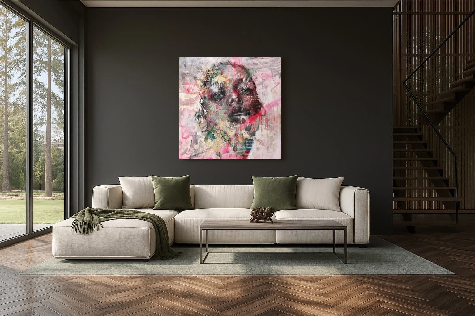Porträt eines Kindes in Grau, Rosa und Rot vor hellem Hintergrund, als Kunstwerk an der Wand eines Wohnzimmers.