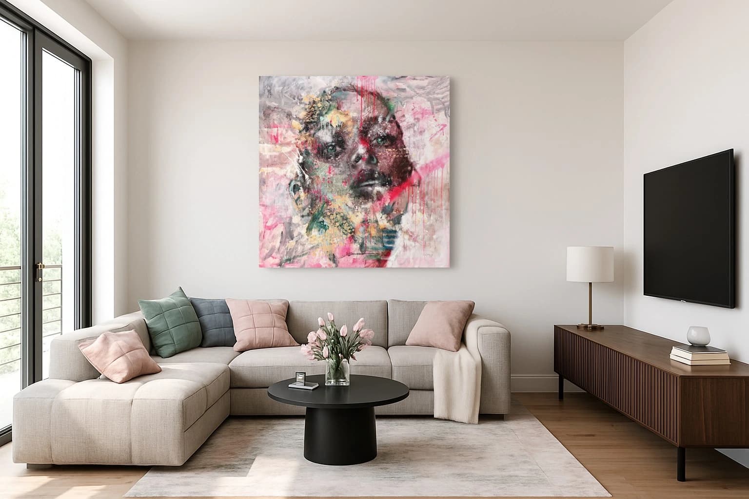 Porträt eines Kindes in Grau, Rosa und Rot vor hellem Hintergrund, als Kunstwerk an der Wand eines hellen Wohnzimmers.