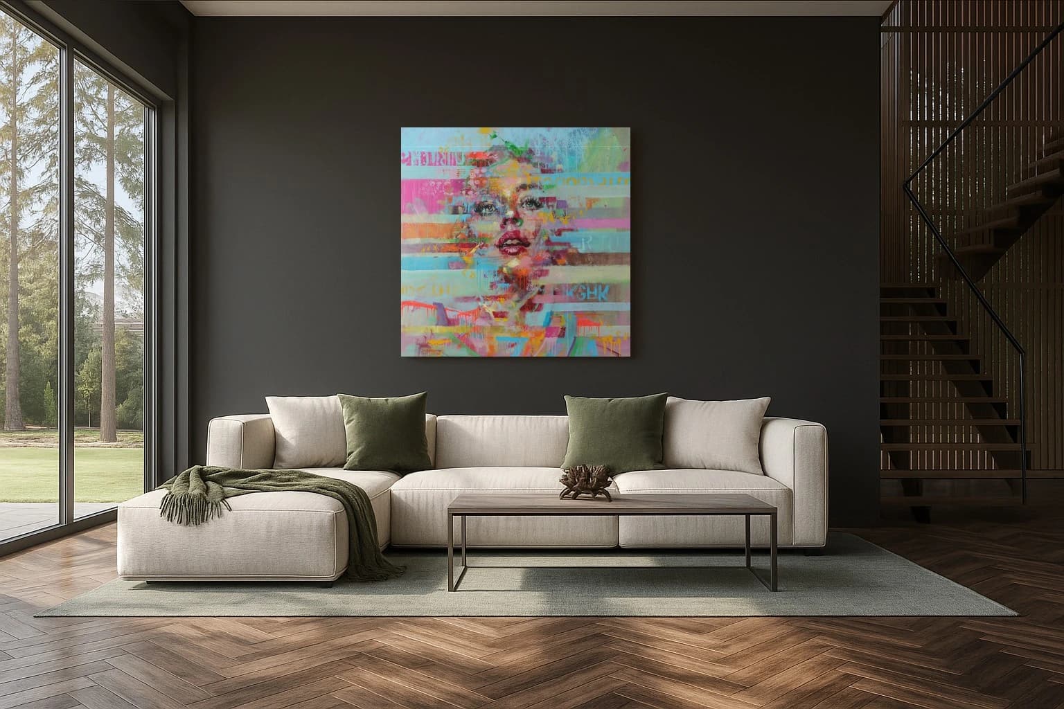 Porträt eines Frauengesichts mit farbigen Streifen und Spritzern in Rosa, Blau, Gelb und Grün, als Kunstwerk an der Wand eines hellen Wohnzimmers.