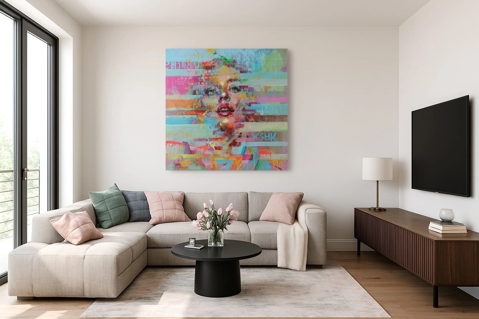 Porträt eines Frauengesichts mit farbigen Streifen und Spritzern in Rosa, Blau, Gelb und Grün, als Kunstwerk an der Wand eines hellen Wohnzimmers.