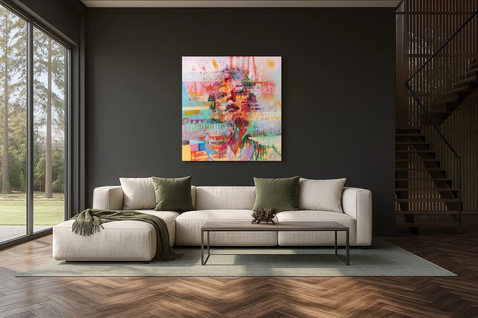 Porträt eines Gesichts mit bunten Farbflächen, Schriftzügen und Spritzern auf hellem Hintergrund, als Kunstwerk an der Wand eines Wohnzimmers.
