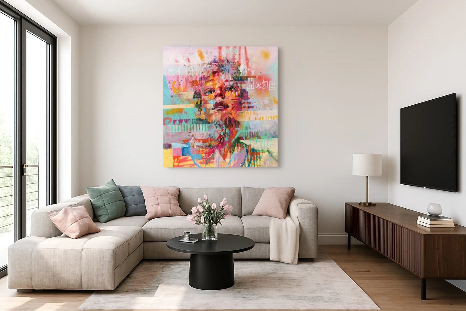 Porträt eines Gesichts mit bunten Farbflächen, Schriftzügen und Spritzern auf hellem Hintergrund, als Kunstwerk an der Wand eines hellen Wohnzimmers.
