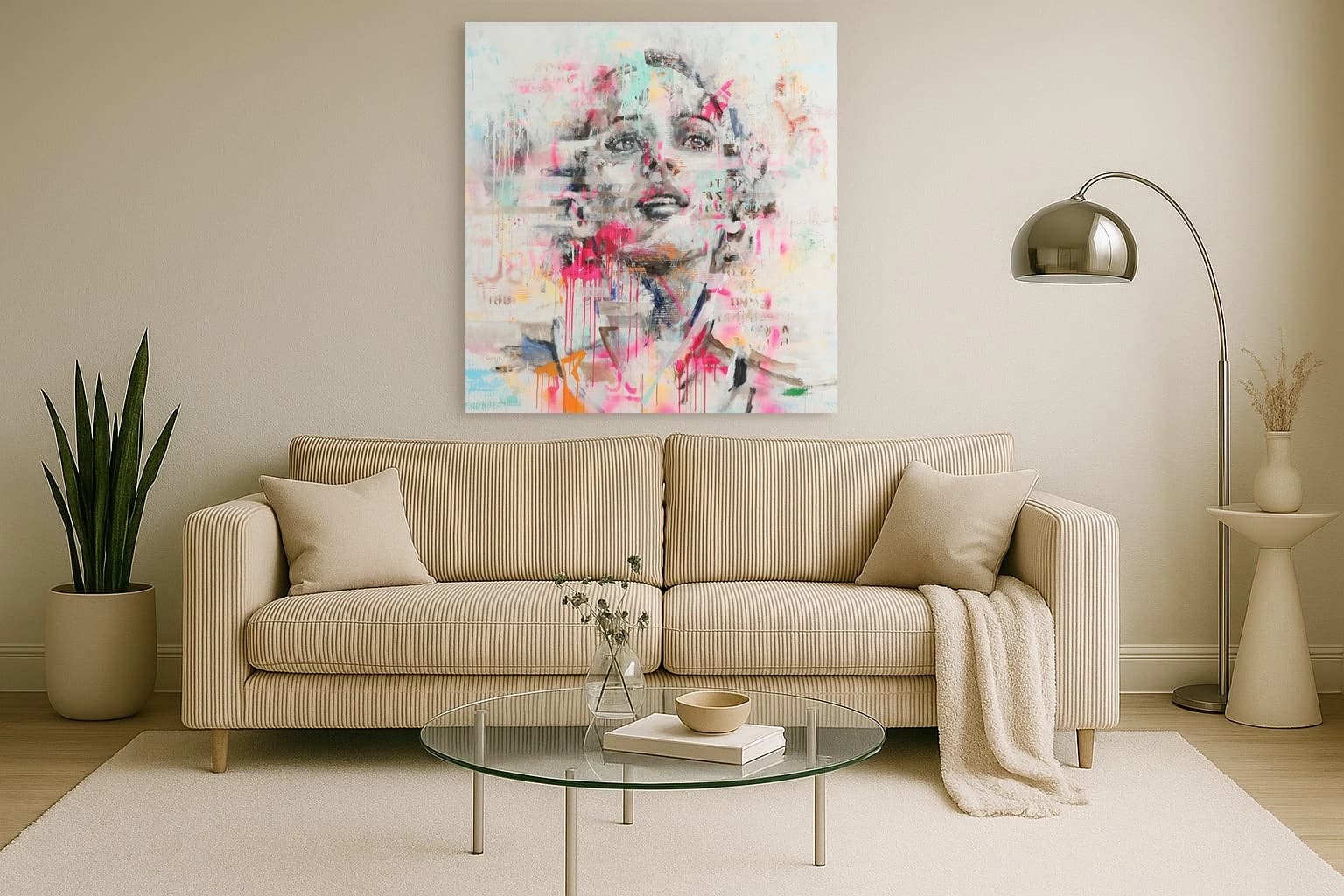Porträt einer Frau mit grau, rosa und türkisen Farbspritzern auf hellem Hintergrund, als Kunstwerk an der Wand eines hellen Wohnzimmers.
