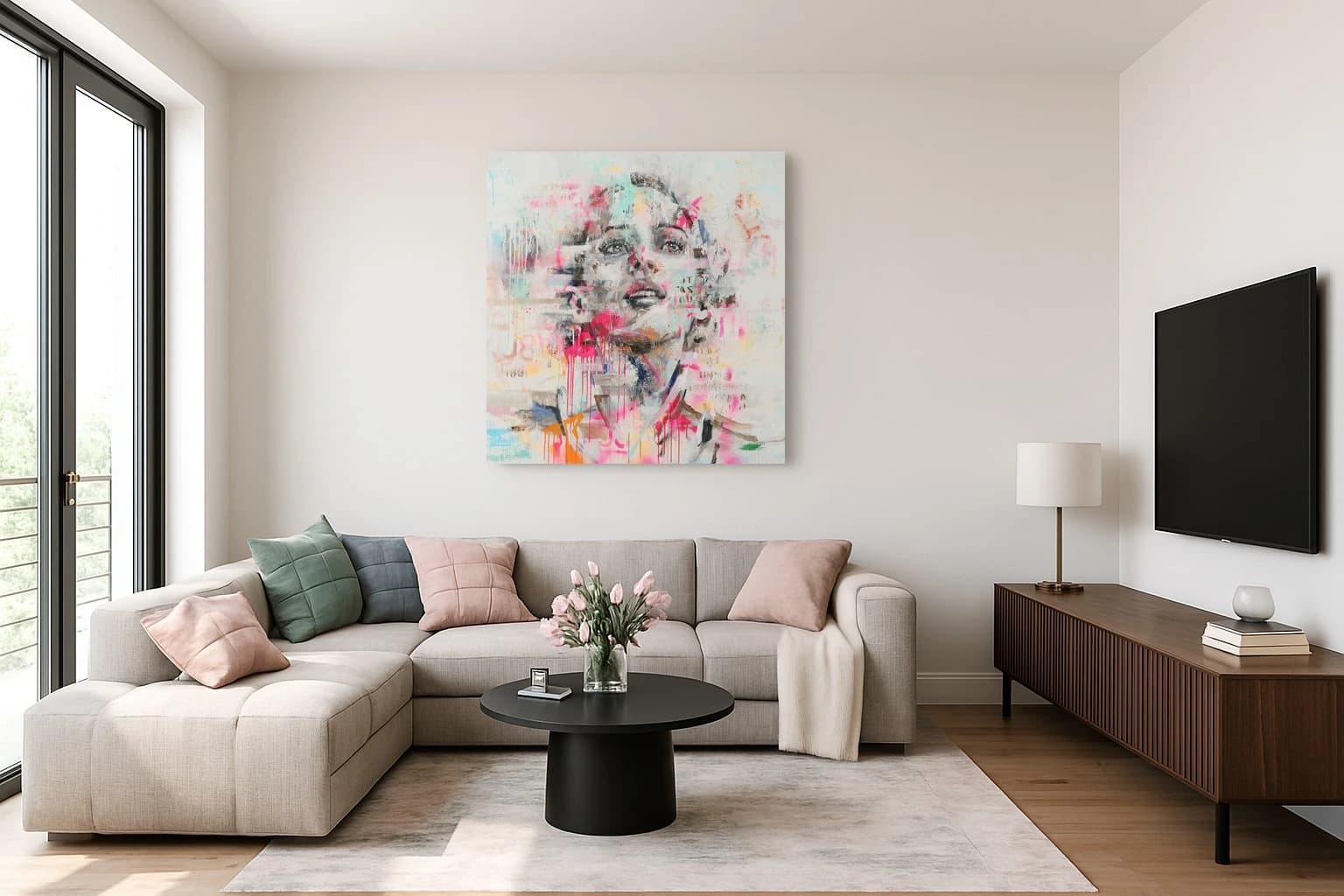 Porträt einer Frau mit grau, rosa und türkisen Farbspritzern auf hellem Hintergrund, als Kunstwerk an der Wand eines hellen Wohnzimmers.