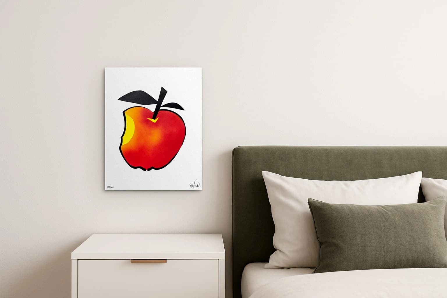Rot-gelbe Apfelgrafik mit schwarzem Stiel und Blatt auf weißem Hintergrund, als Kunstwerk an der Wand eines Schlafzimmers.