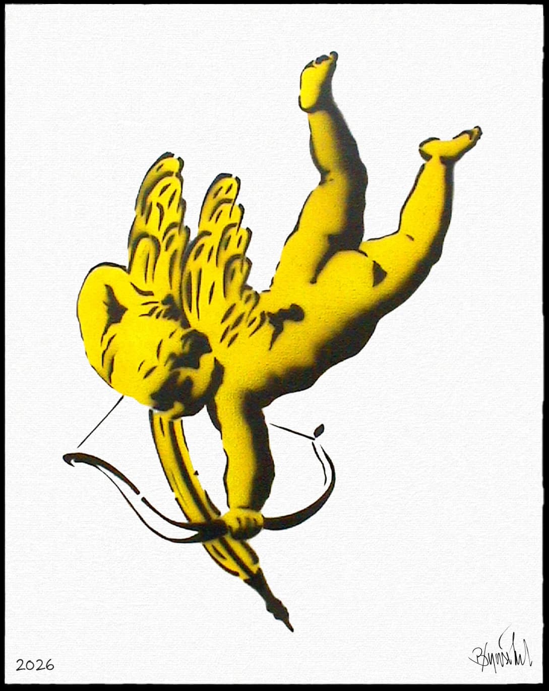 Gelbe Banane mit Flügeln und erhobenen Beinen auf weißem Hintergrund, unten 2026 und Signatur.