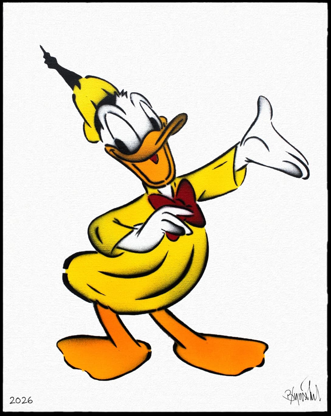Donald Duck in gelbem Hemd und roter Fliege vor weißem Hintergrund, mit Nummer 2026 unten links.