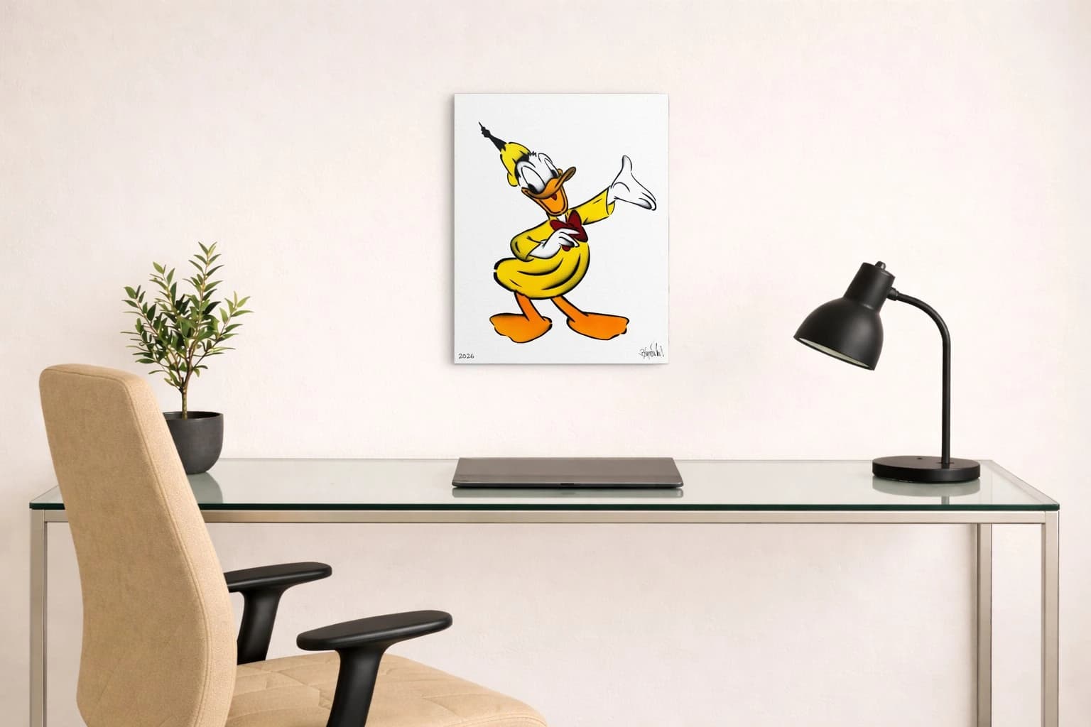 Donald Duck in gelbem Hemd und roter Fliege vor weißem Hintergrund mit 2026, als Kunstwerk an der Wand eines Arbeitszimmers.