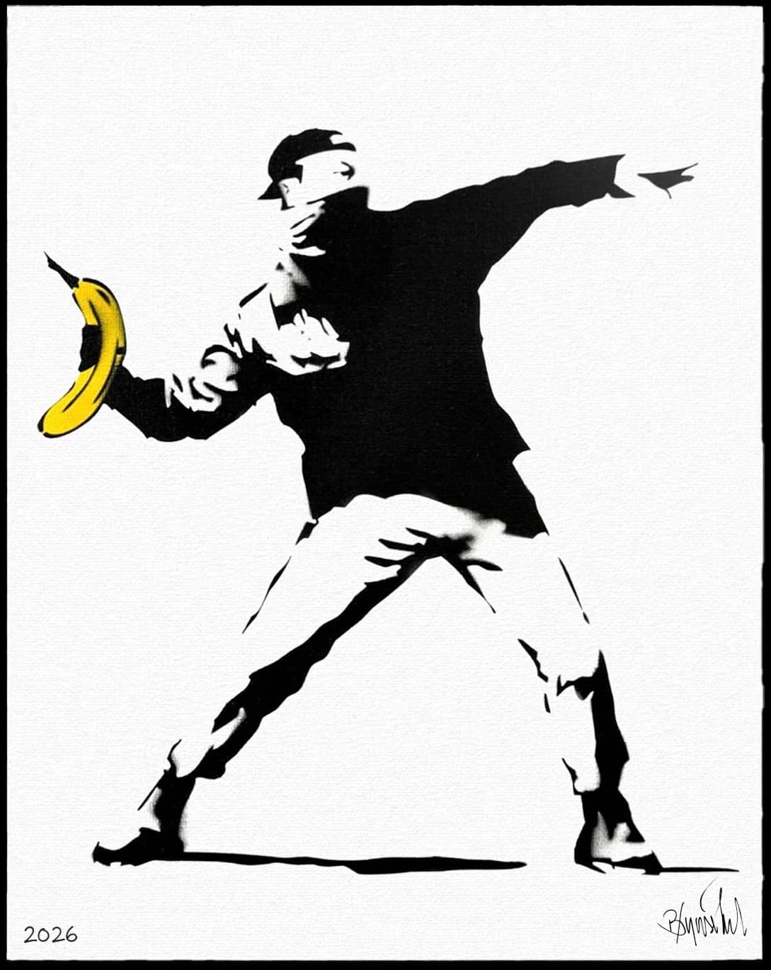 Schwarze Figur wirft links eine gelbe Banane vor weißem Hintergrund, unten 2026 und Signatur.