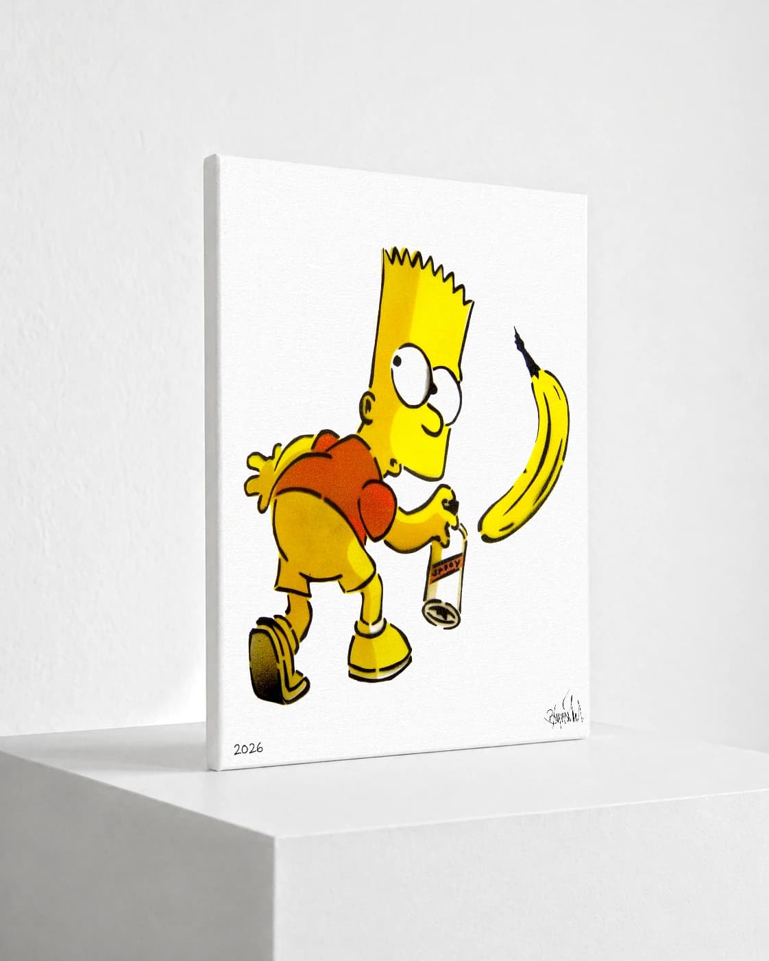 Bart Simpson läuft mit einer Spraydose, daneben schwebt eine gelbe Banane auf weißem Hintergrund.