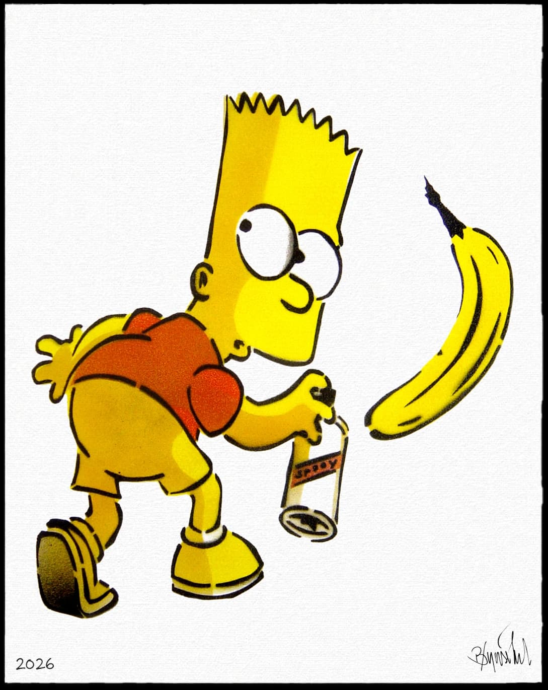 Bart Simpson läuft mit einer Spraydose, daneben schwebt eine gelbe Banane auf weißem Hintergrund.