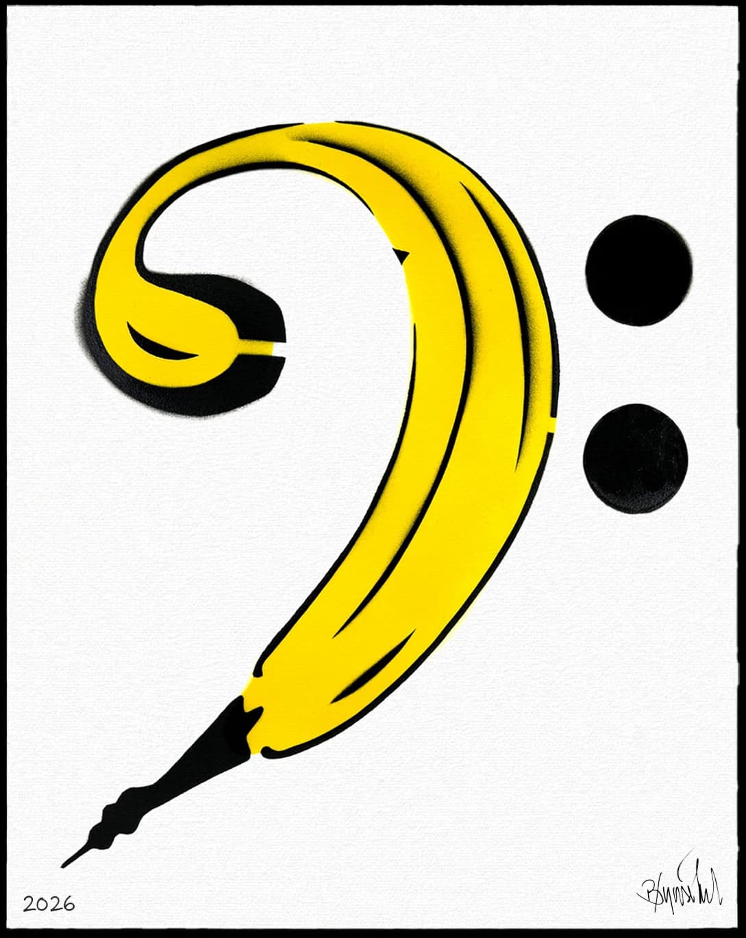 Gelbe Banane mit schwarzer Spitze, daneben zwei schwarze Punkte auf weißem Hintergrund, unten 2026.