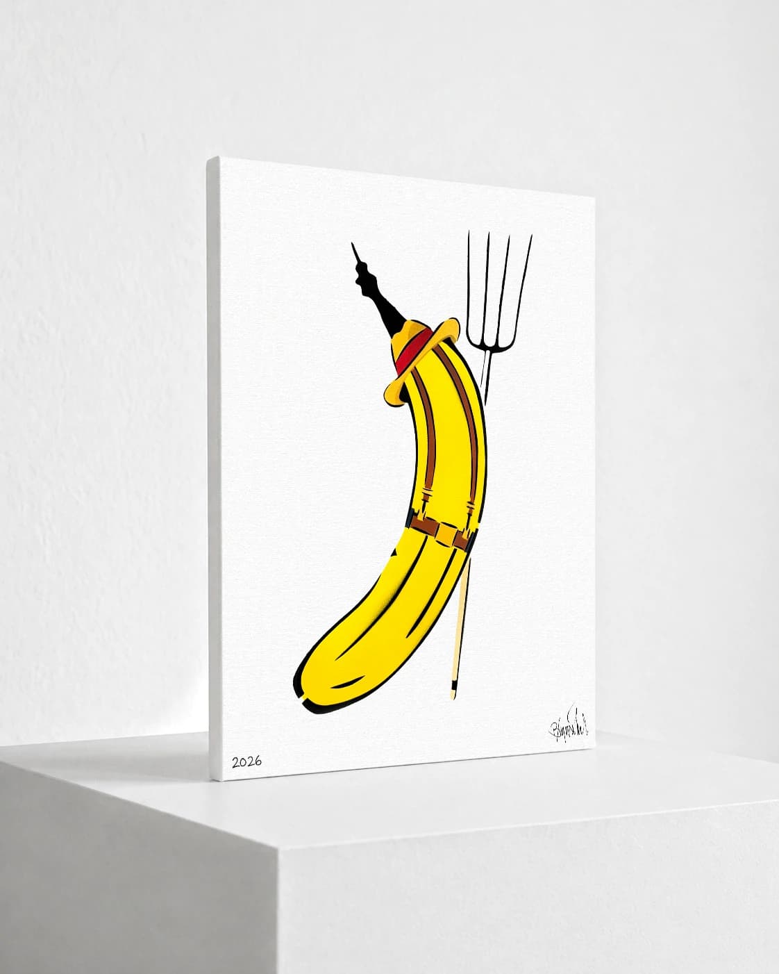 Gelbe Banane als Pistole mit Gabel und dünnem Stock auf weißem Hintergrund, unten 2026 und Signatur.
