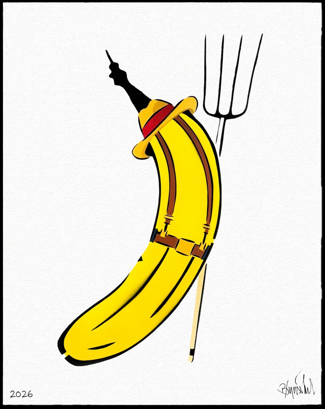Gelbe Banane als Pistole mit Gabel und dünnem Stock auf weißem Hintergrund, unten 2026 und Signatur.