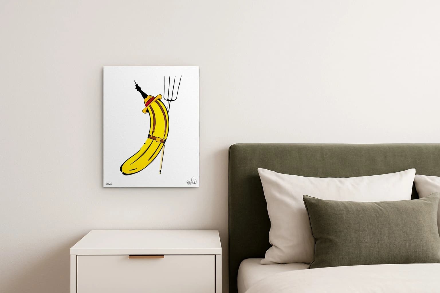 Gelbe Banane als Pistole mit Gabel und Stock auf weißem Grund, unten 2026 und Signatur, als Kunstwerk an der Wand eines Schlafzimmers.
