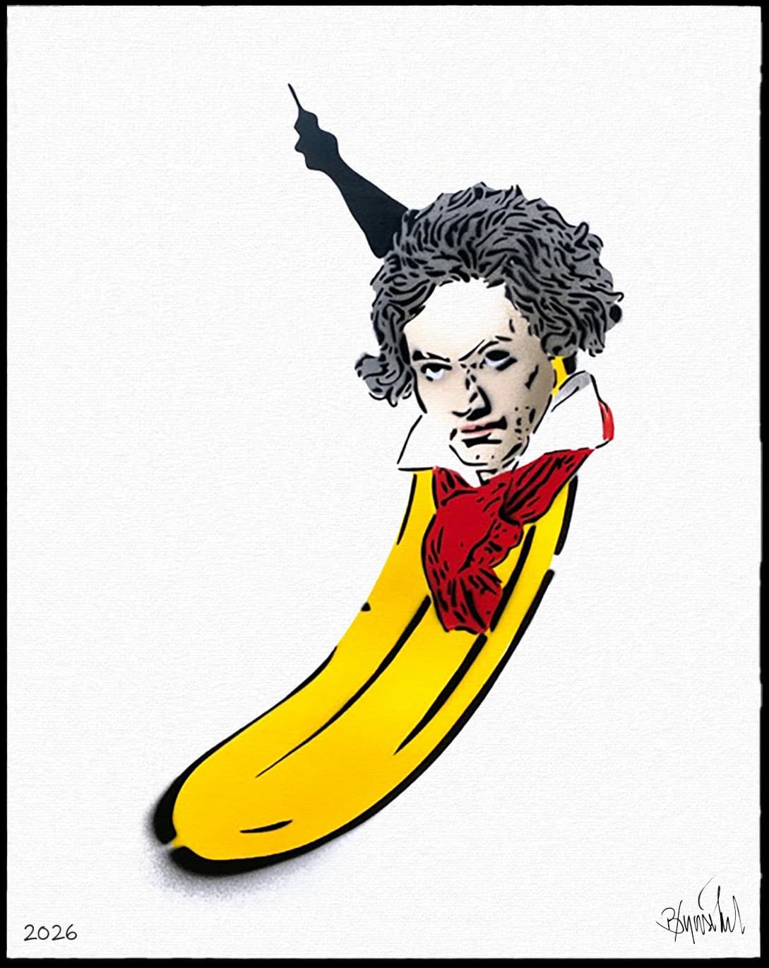Eine Banane mit Porträtkopf, rotem Schal und erhobener schwarzer Hand auf weißem Hintergrund.