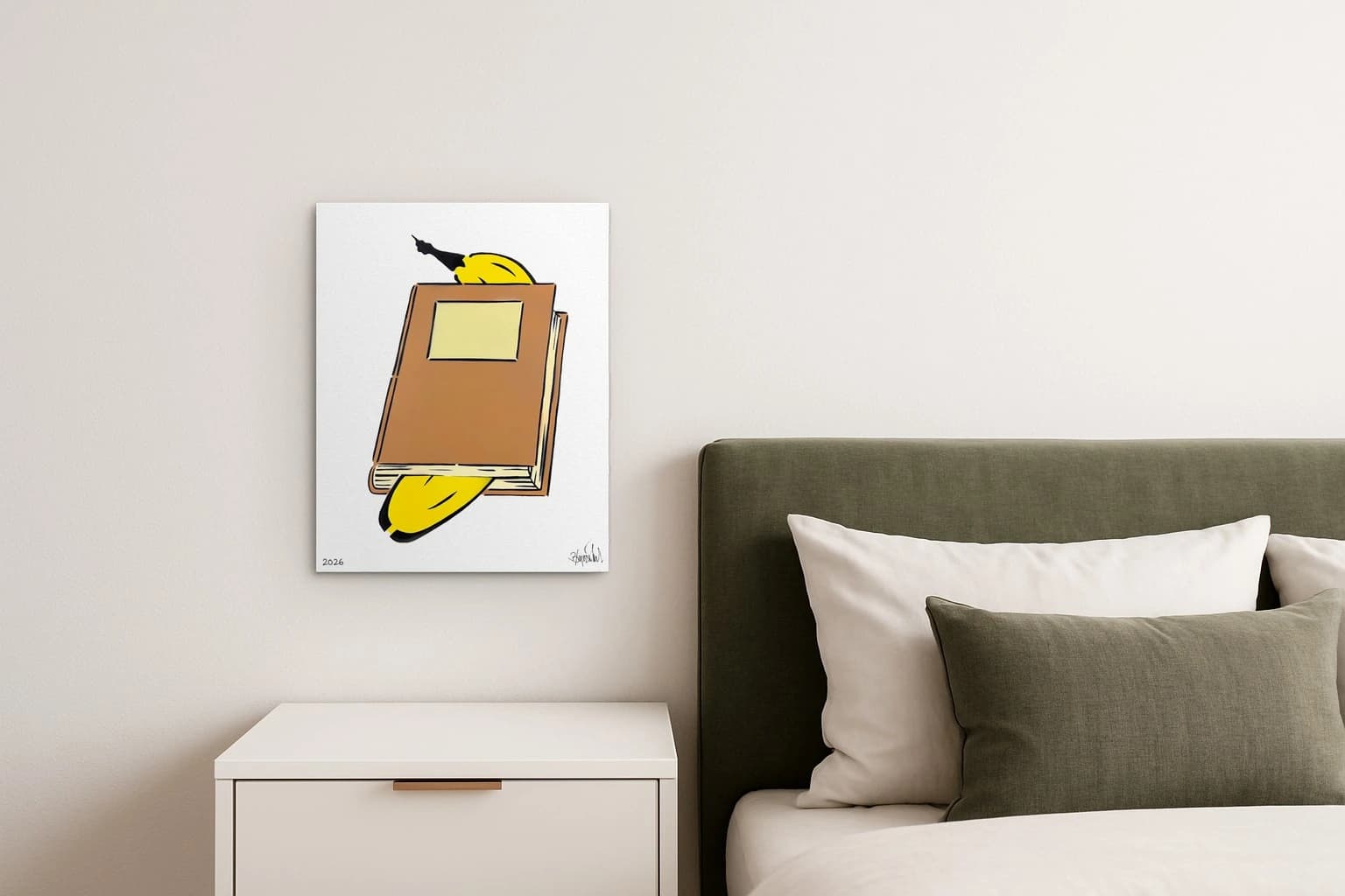 Braunes Buch mit gelbem Lesezeichen vor weißem Hintergrund, als Kunstwerk an der Wand eines hellen Schlafzimmers.
