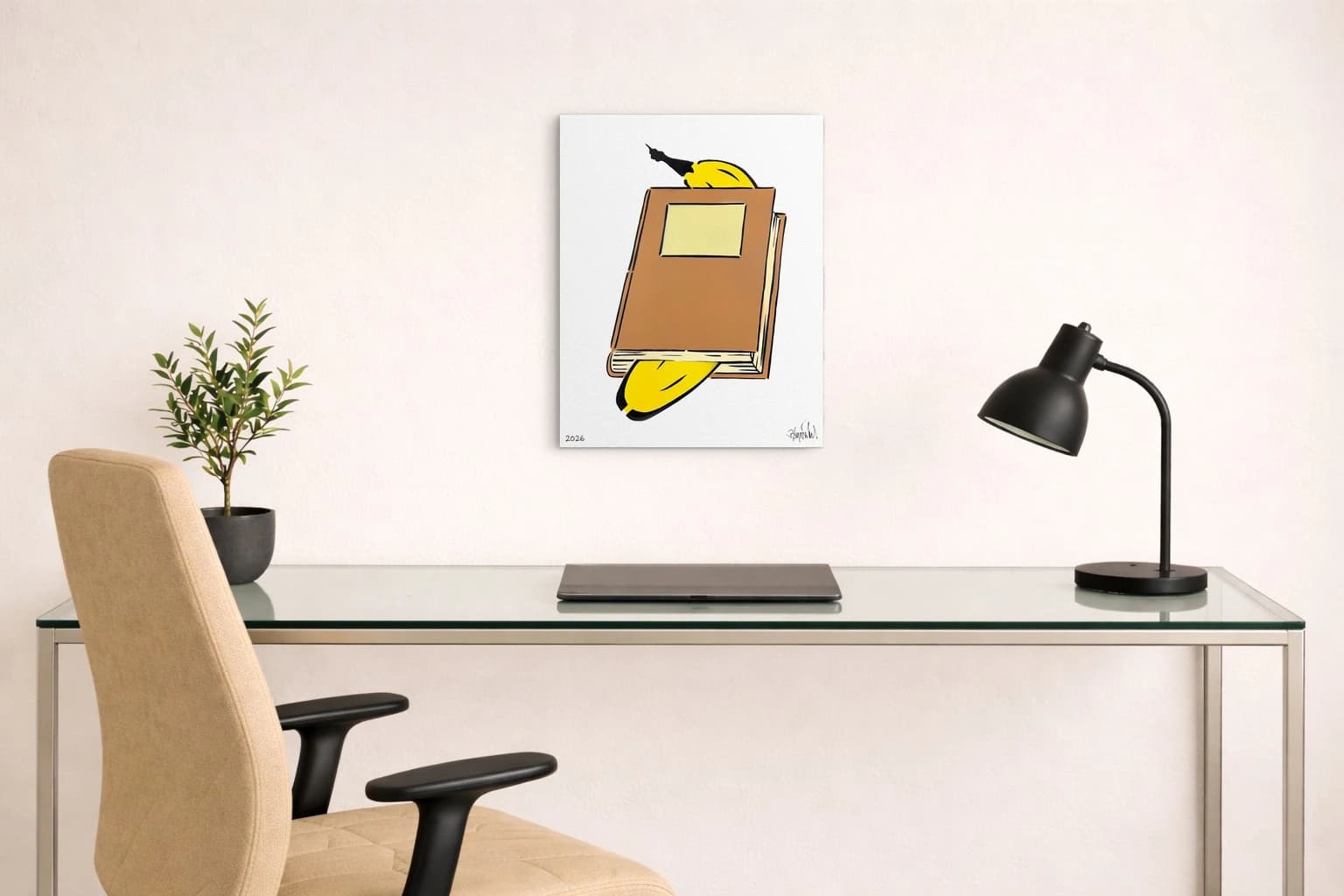 Braunes Buch mit gelbem Lesezeichen vor weißem Hintergrund, als Kunstwerk an der Wand eines Schreibtischraums.