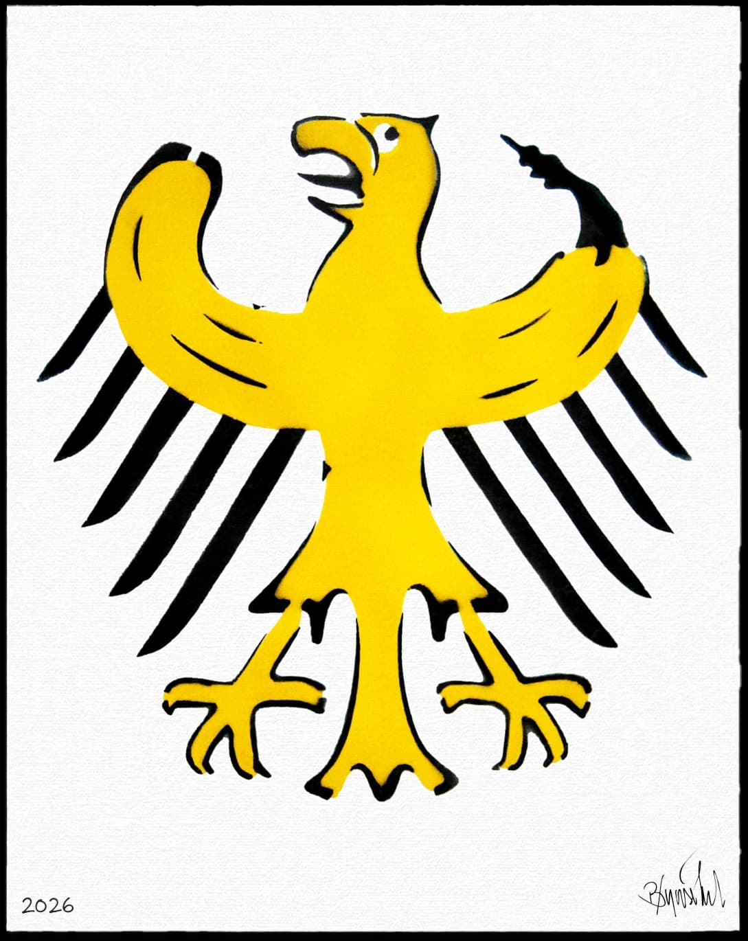 Gelber Adler mit schwarzen Flügeln auf weißem Hintergrund, unten links 2026 und unten rechts Signatur.