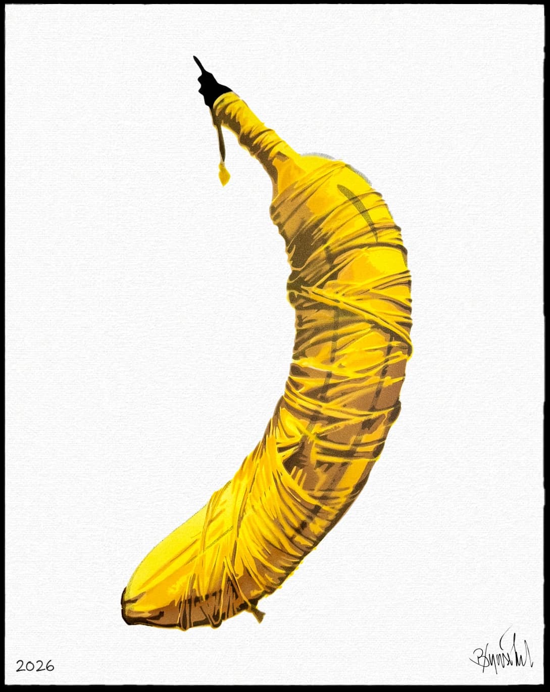 Gelbe, in Plastik gewickelte Banane auf weißem Hintergrund mit 2026 unten links und Signatur unten rechts.