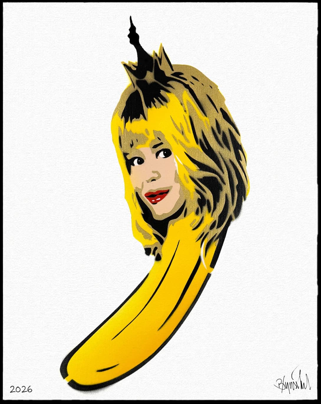 Eine gelbe Banane mit dem Porträt einer blonden Frau als Schale vor weißem Hintergrund.