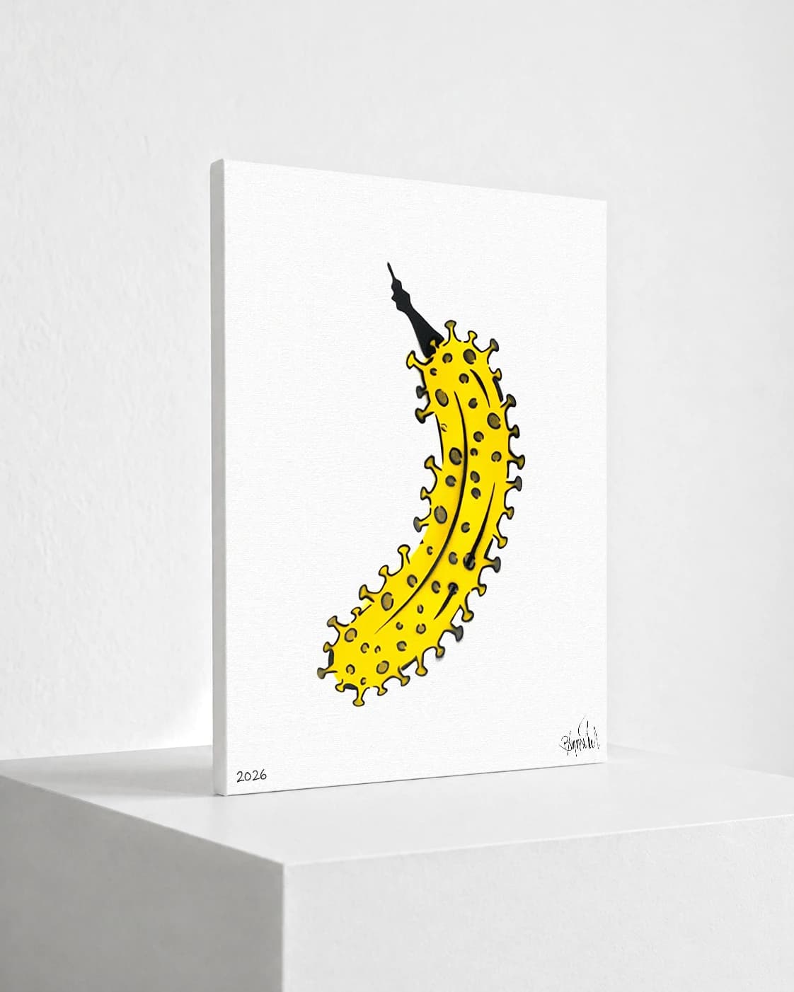 Gelbe Banane mit schwarzen Stacheln auf weißem Hintergrund, unten links 2026 und unten rechts eine Signatur.