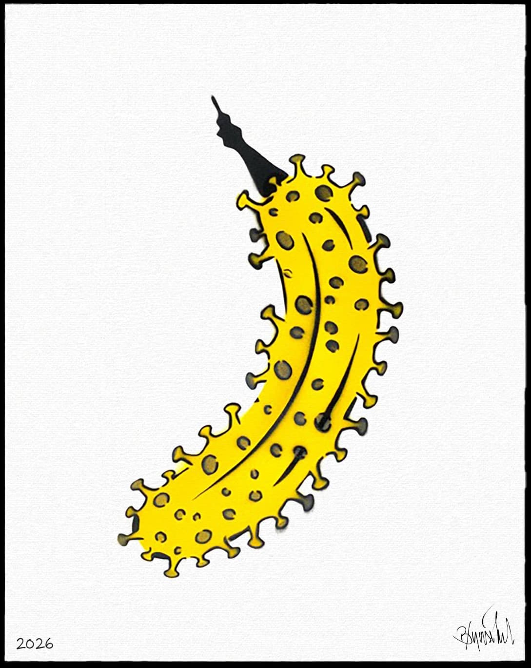 Gelbe Banane mit schwarzen Stacheln auf weißem Hintergrund, unten links 2026 und unten rechts eine Signatur.