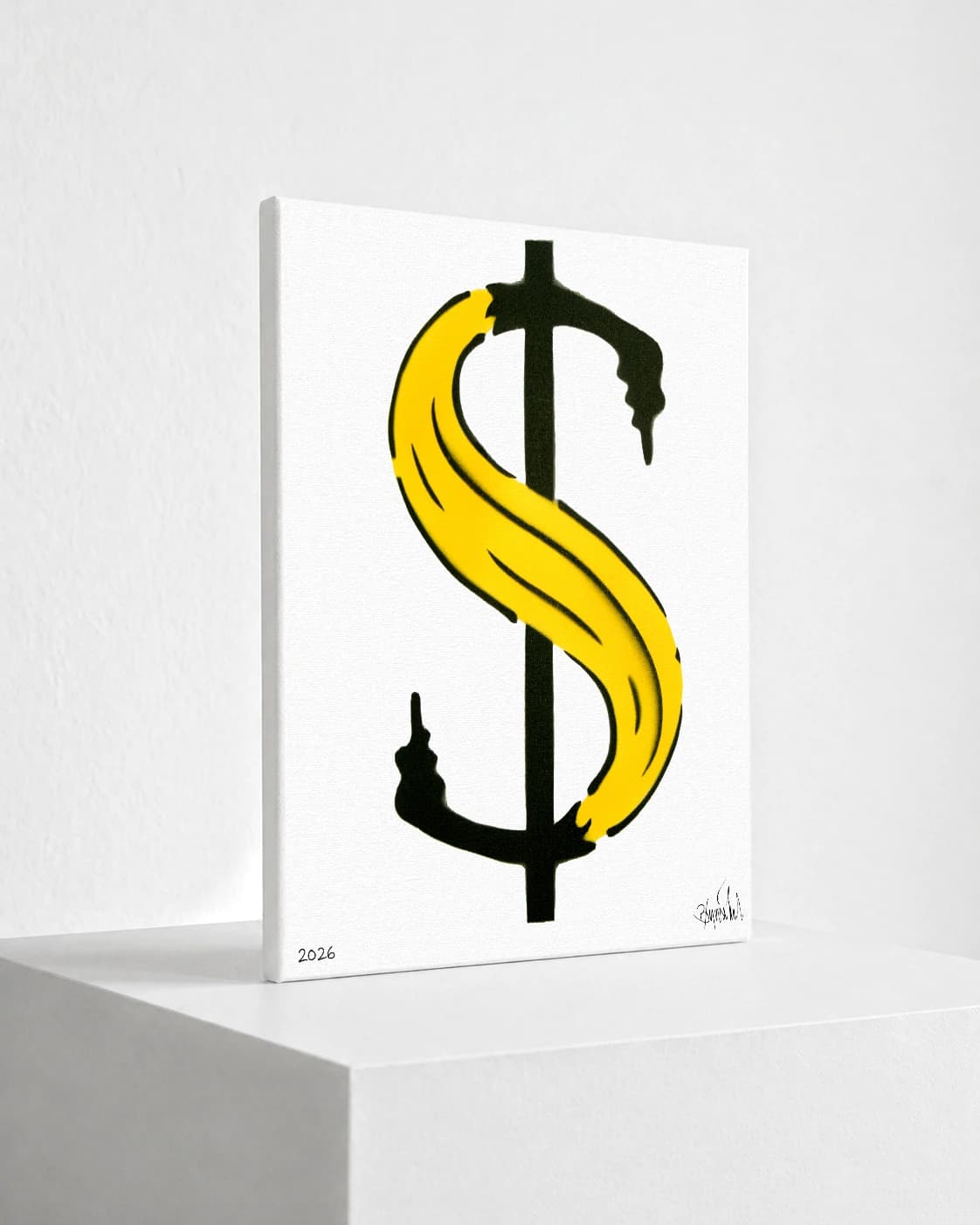 Gelbe Banane als Dollarzeichen auf weißem Hintergrund, unten links 2026.