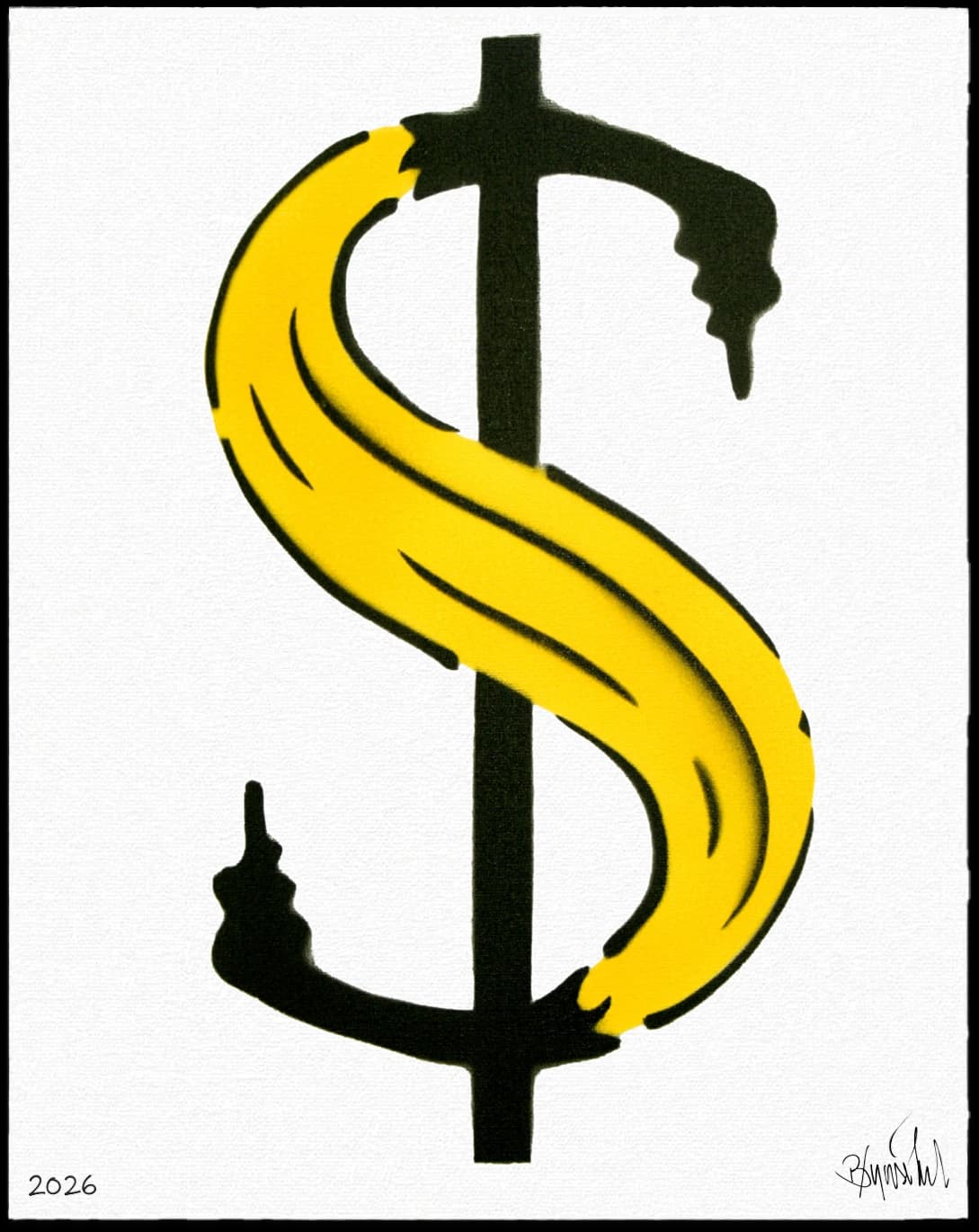 Gelbe Banane als Dollarzeichen auf weißem Hintergrund, unten links 2026.