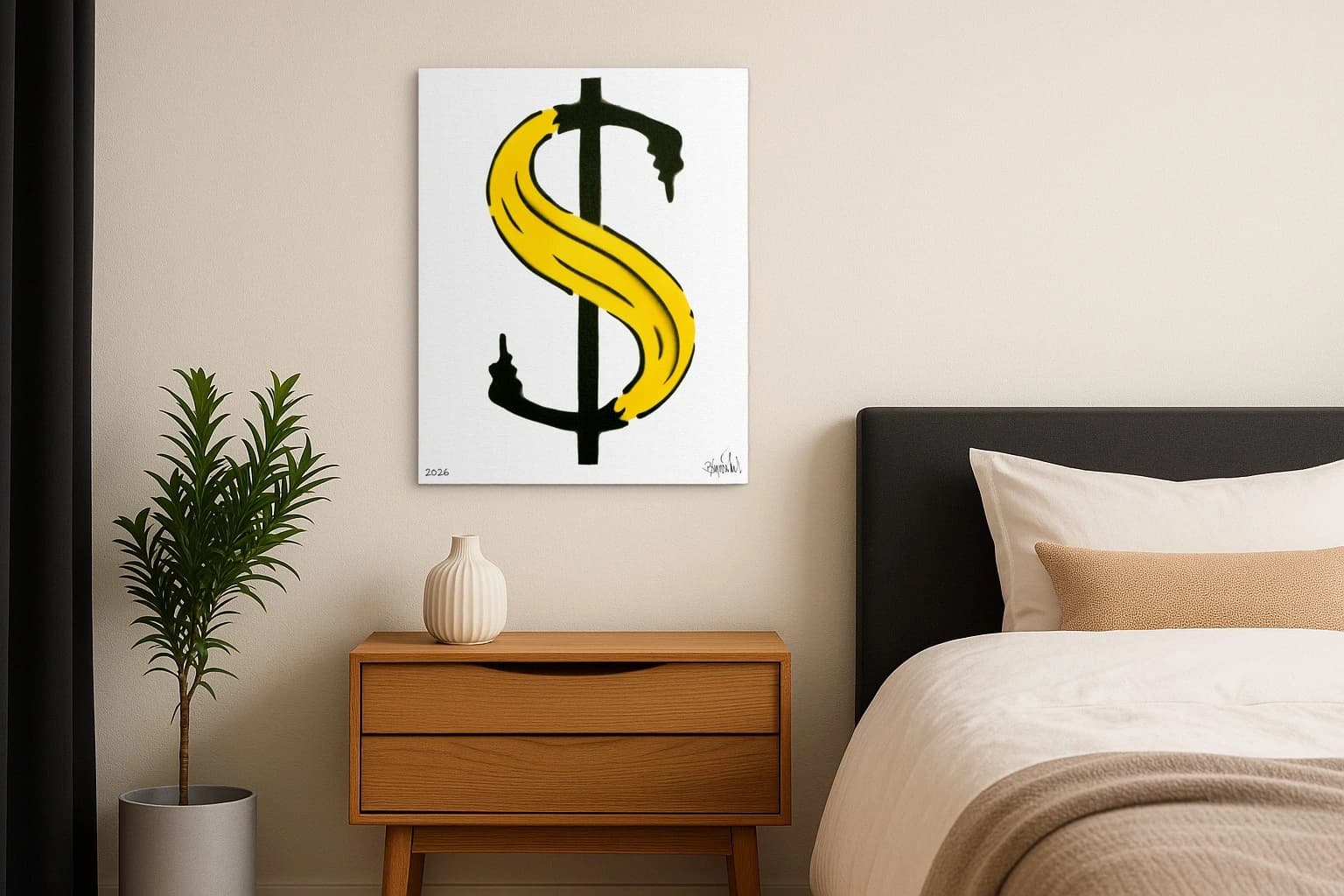 Gelbe Banane als Dollarzeichen auf weißem Hintergrund mit 2026 unten links, als Kunstwerk an der Wand eines Schlafzimmers.