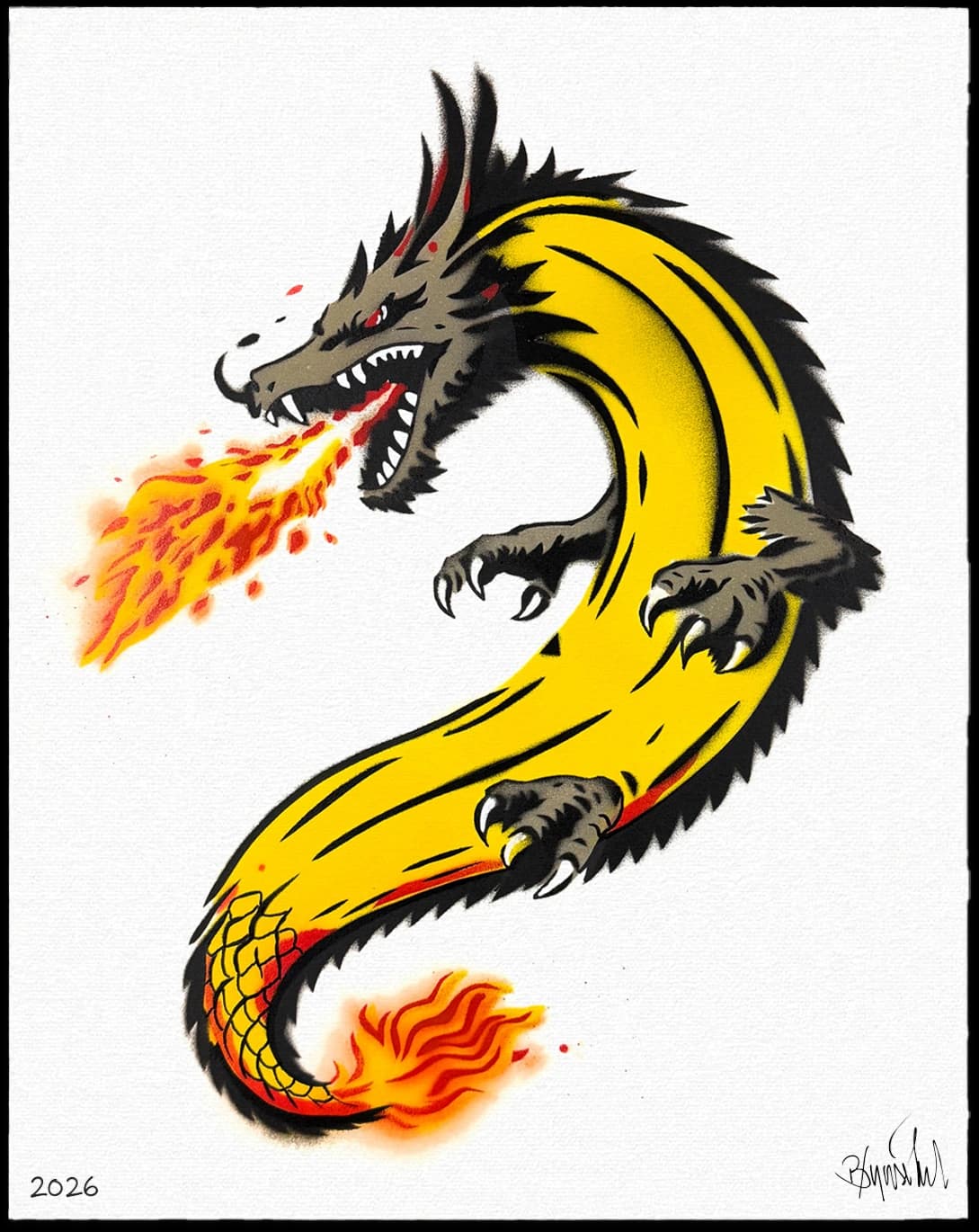 Ein gelb-schwarzer Drache speit orange-rotes Feuer auf weißem Hintergrund.